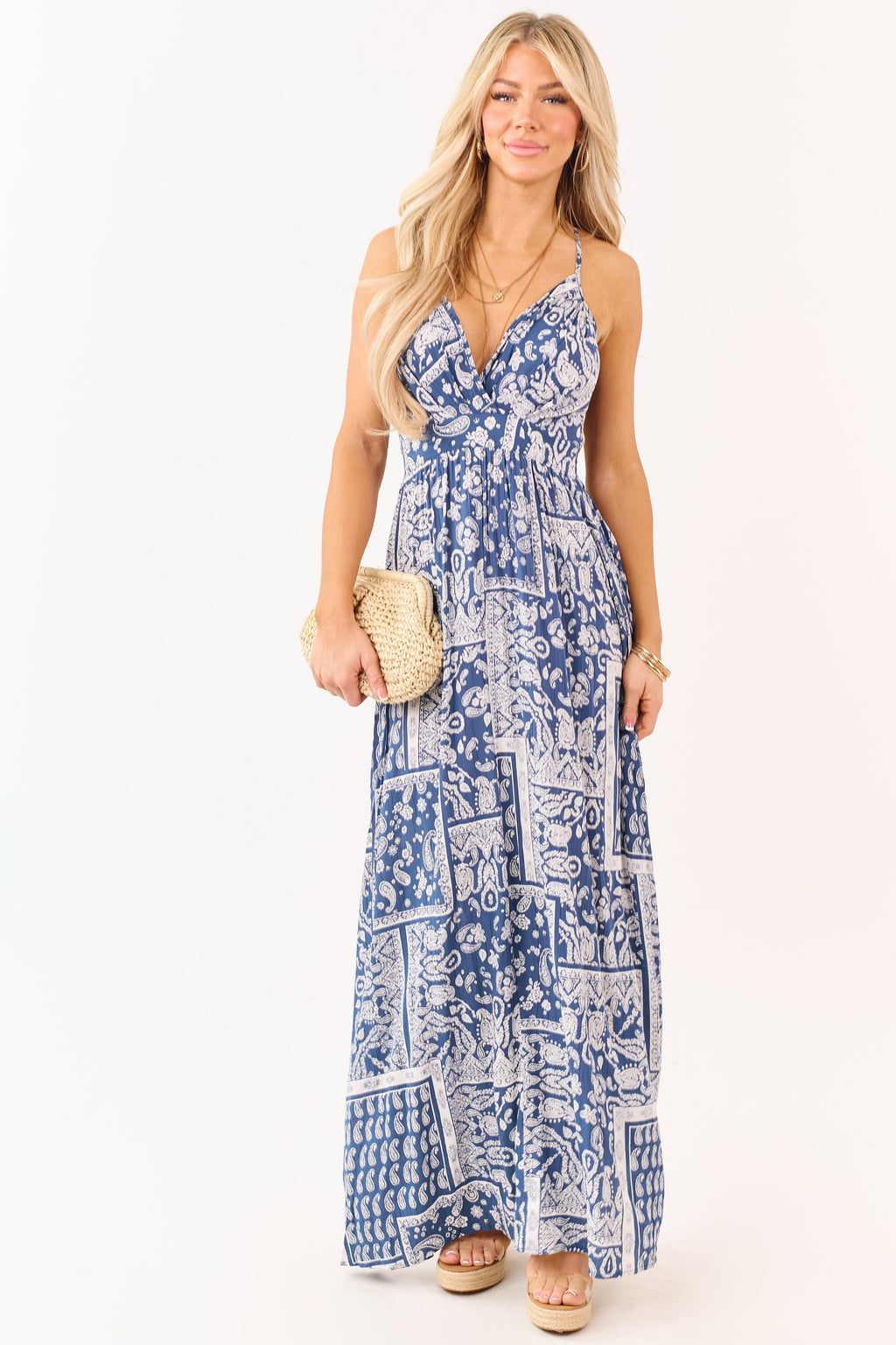 Navy Paisley Print Cross Strap V-Neck Maxi Dress