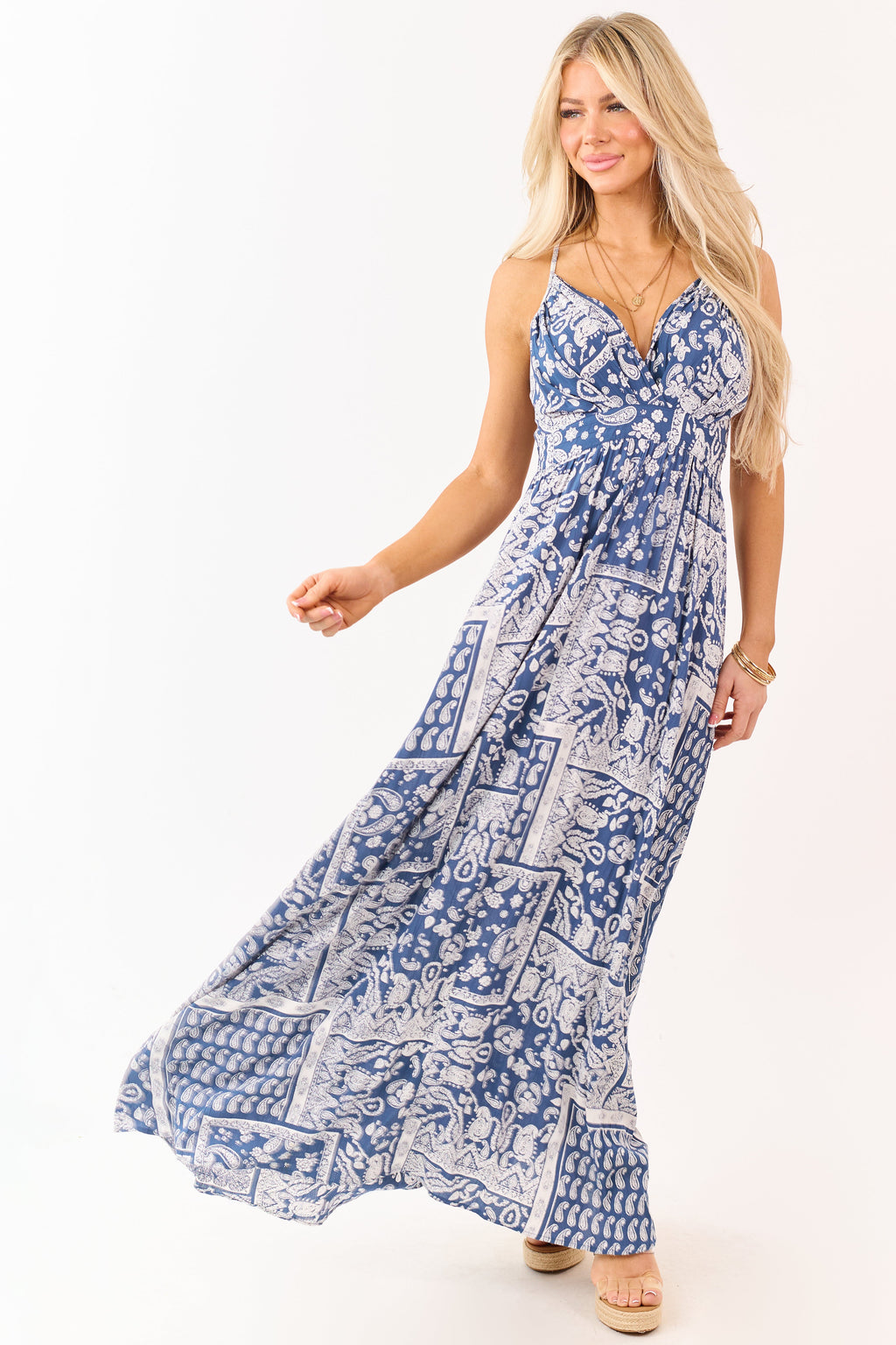 Navy Paisley Print Cross Strap V-Neck Maxi Dress