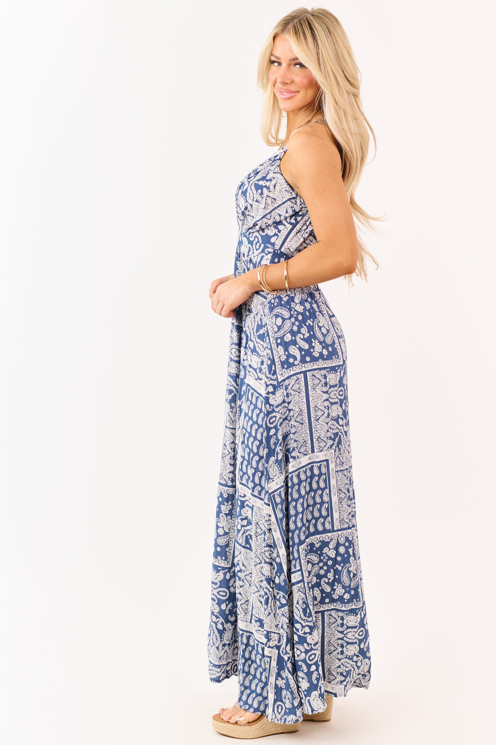 Navy Paisley Print Cross Strap V-Neck Maxi Dress