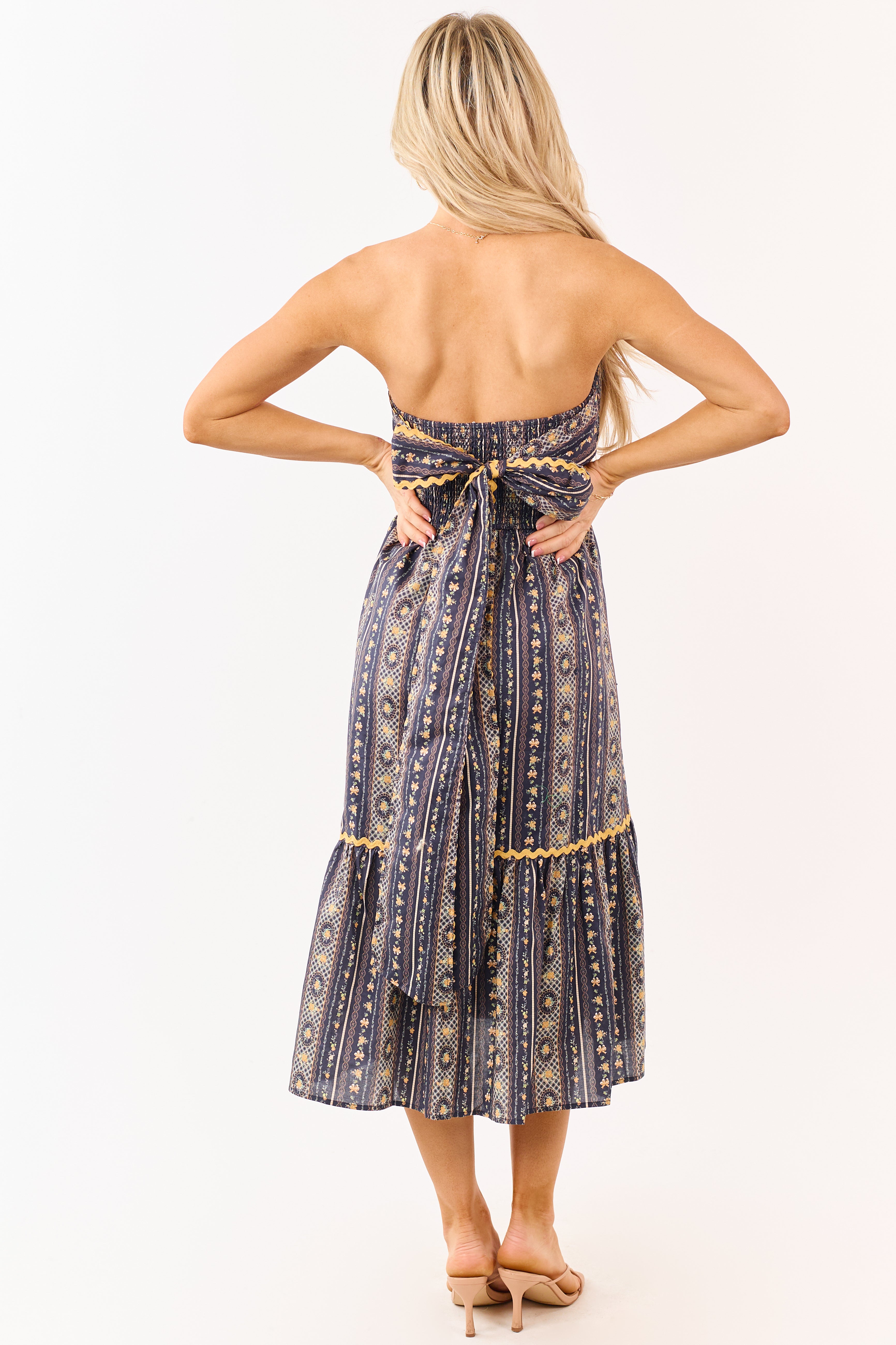 Navy Strapless Vintage Floral Cotton Midi Dress