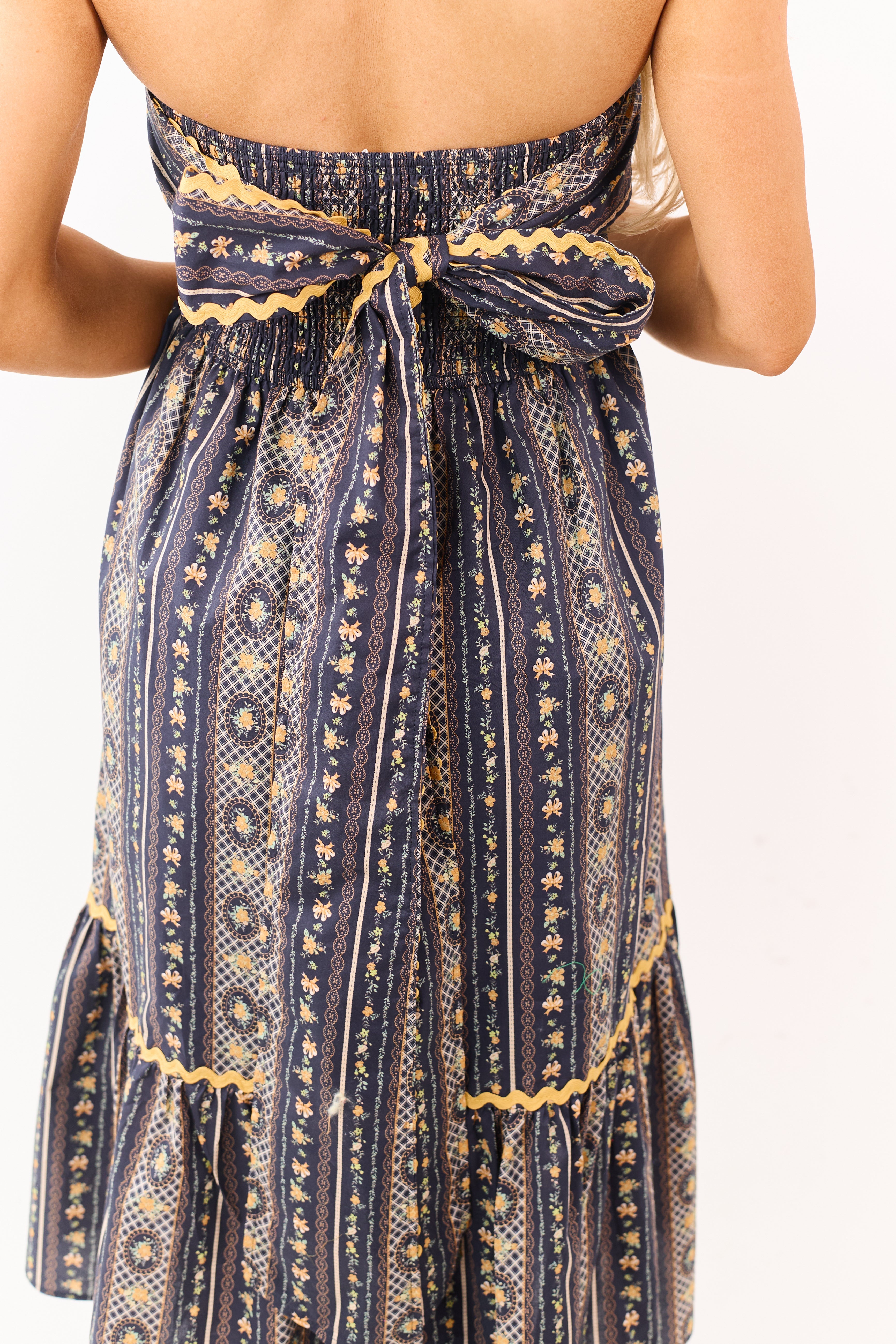 Navy Strapless Vintage Floral Cotton Midi Dress