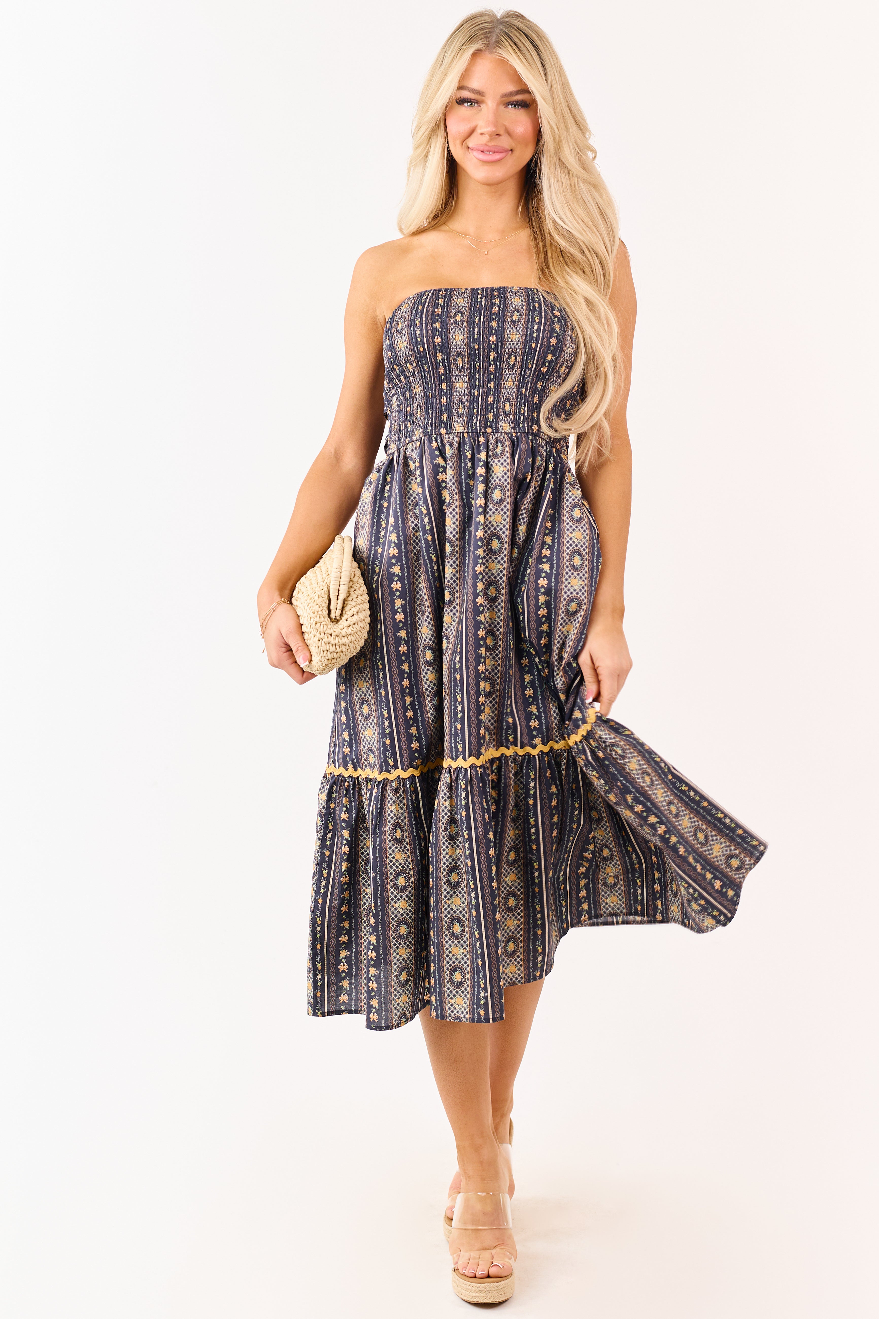 Navy Strapless Vintage Floral Cotton Midi Dress