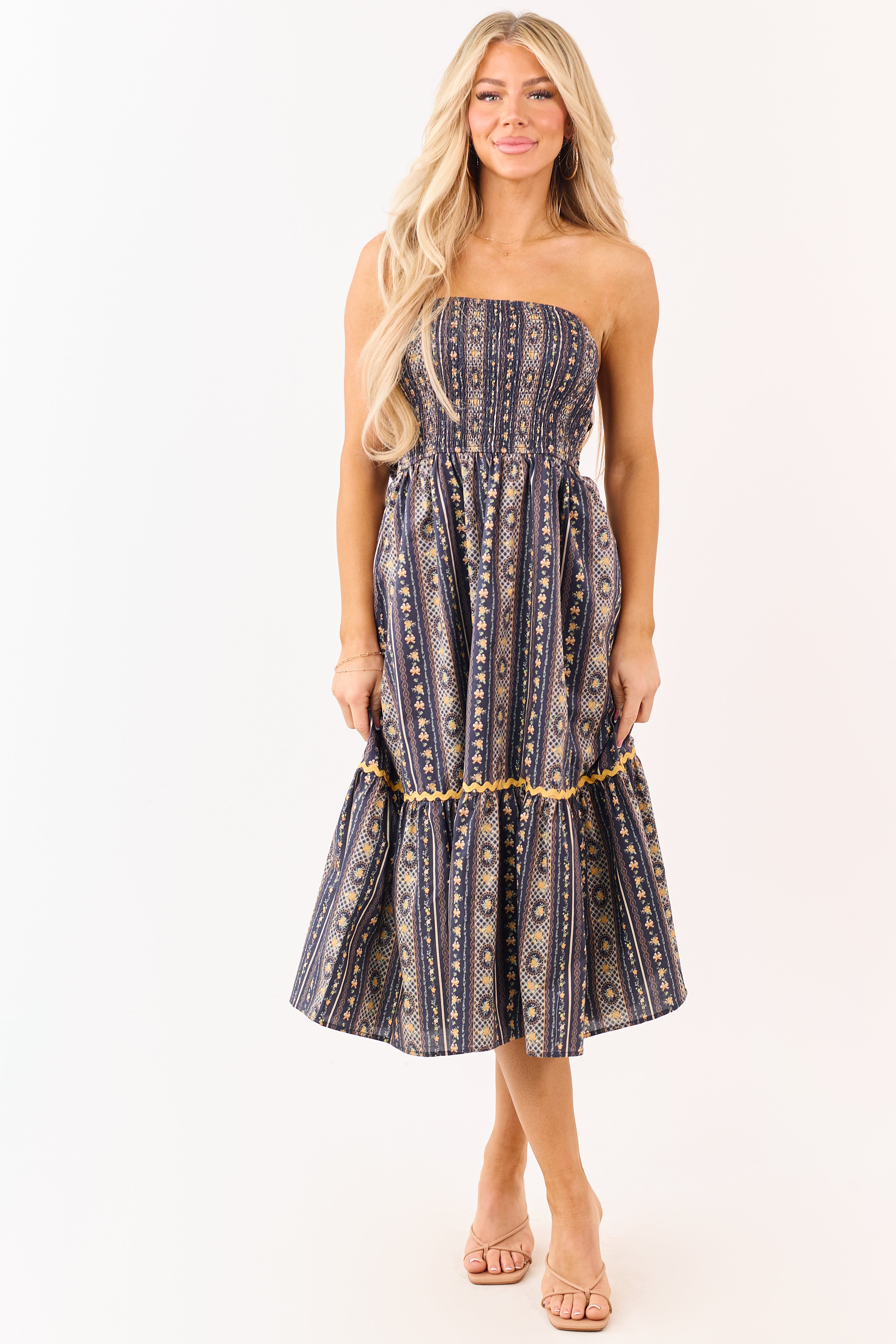 Navy Strapless Vintage Floral Cotton Midi Dress