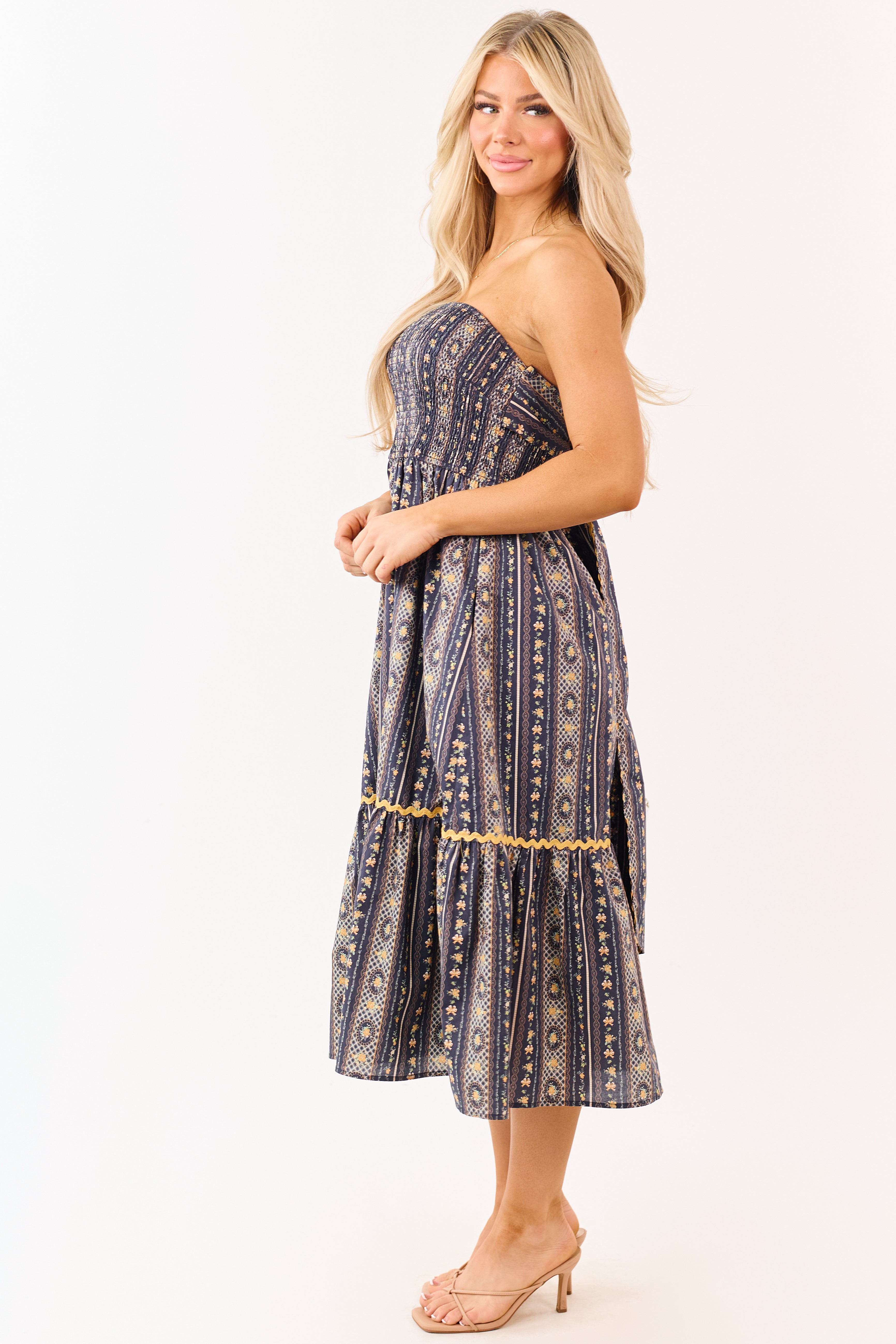 Navy Strapless Vintage Floral Cotton Midi Dress