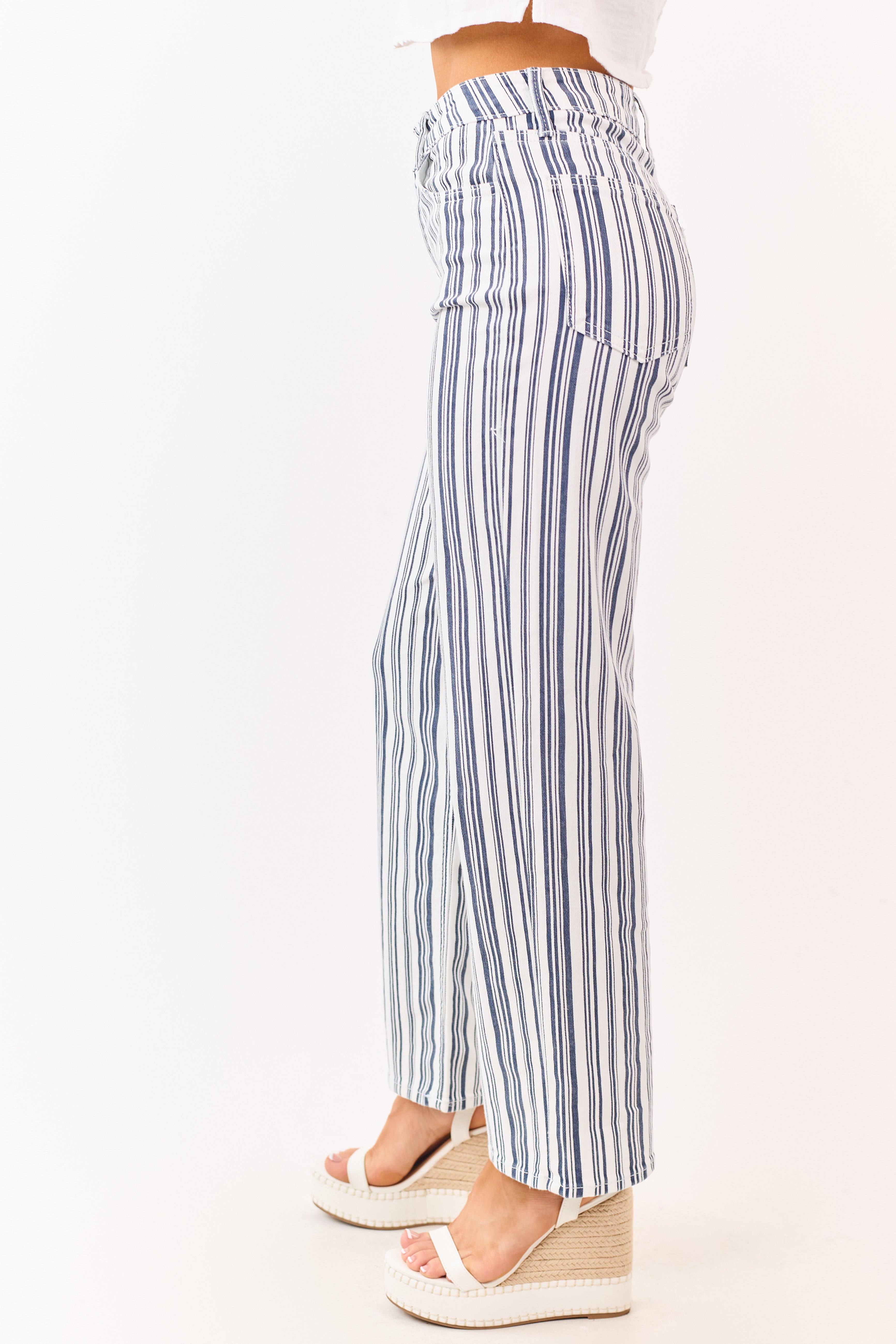 Navy Striped High Rise Straight Stretchy Jeans