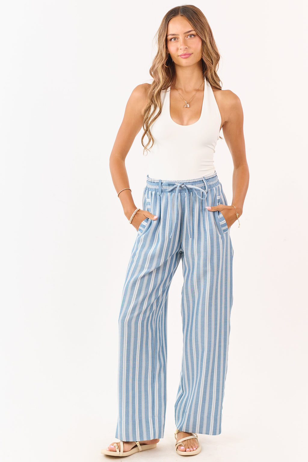 Ocean Striped Elastic Waistband Drawstring Pants