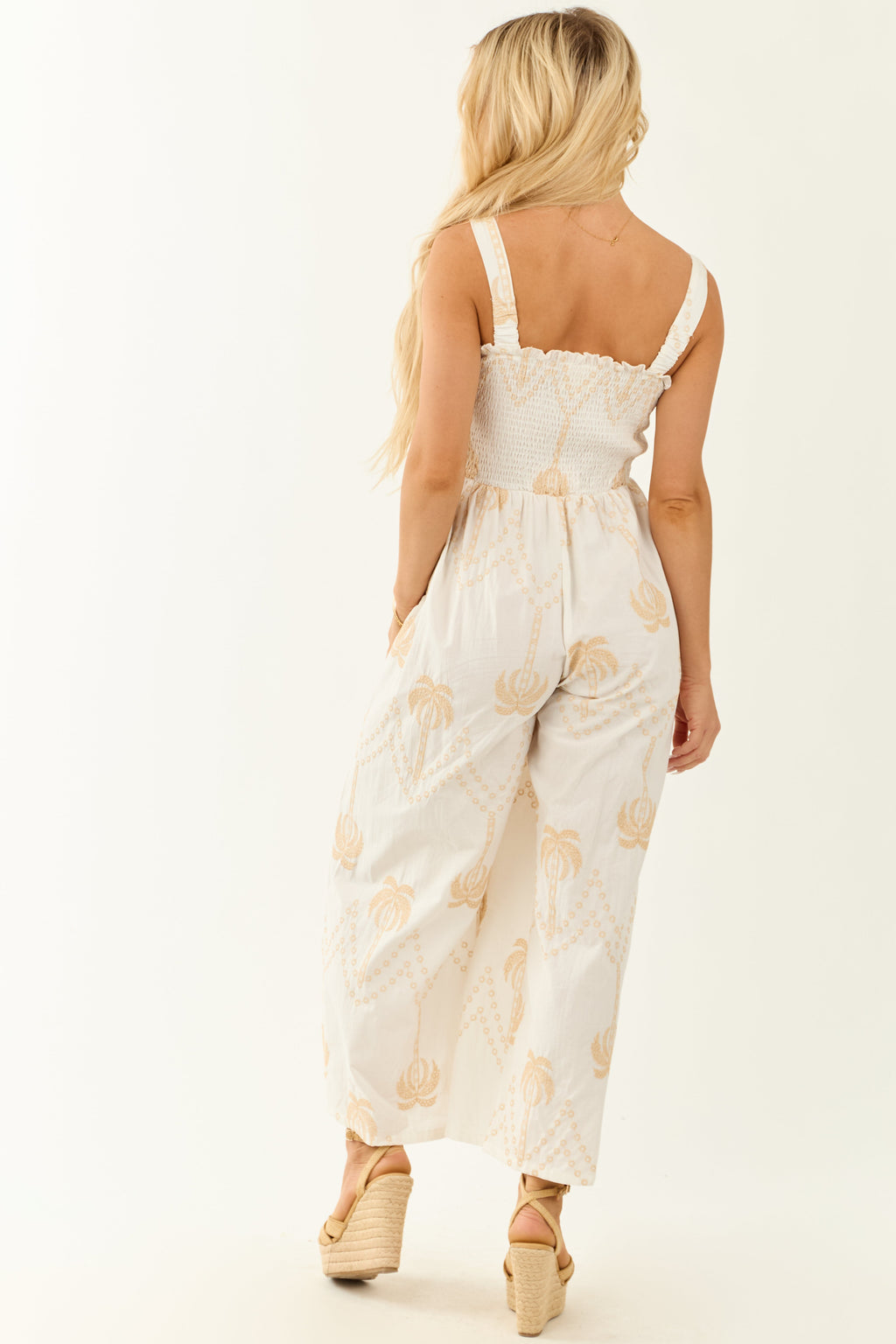 Off White Palm Tree Embroidery Smocked Jumpsuit