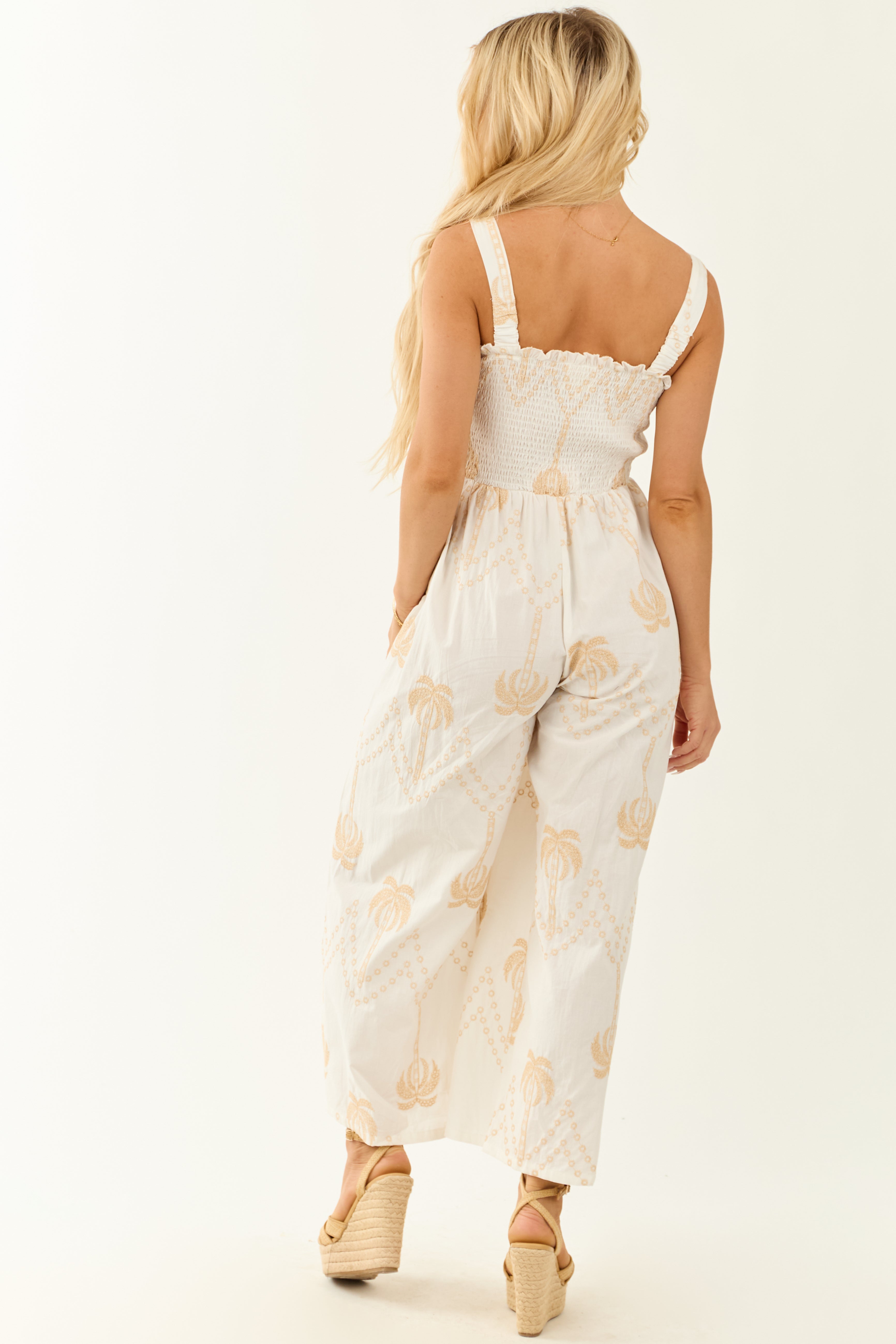 Off White Palm Tree Embroidery Smocked Jumpsuit