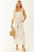 Off White Palm Tree Embroidery Smocked Jumpsuit