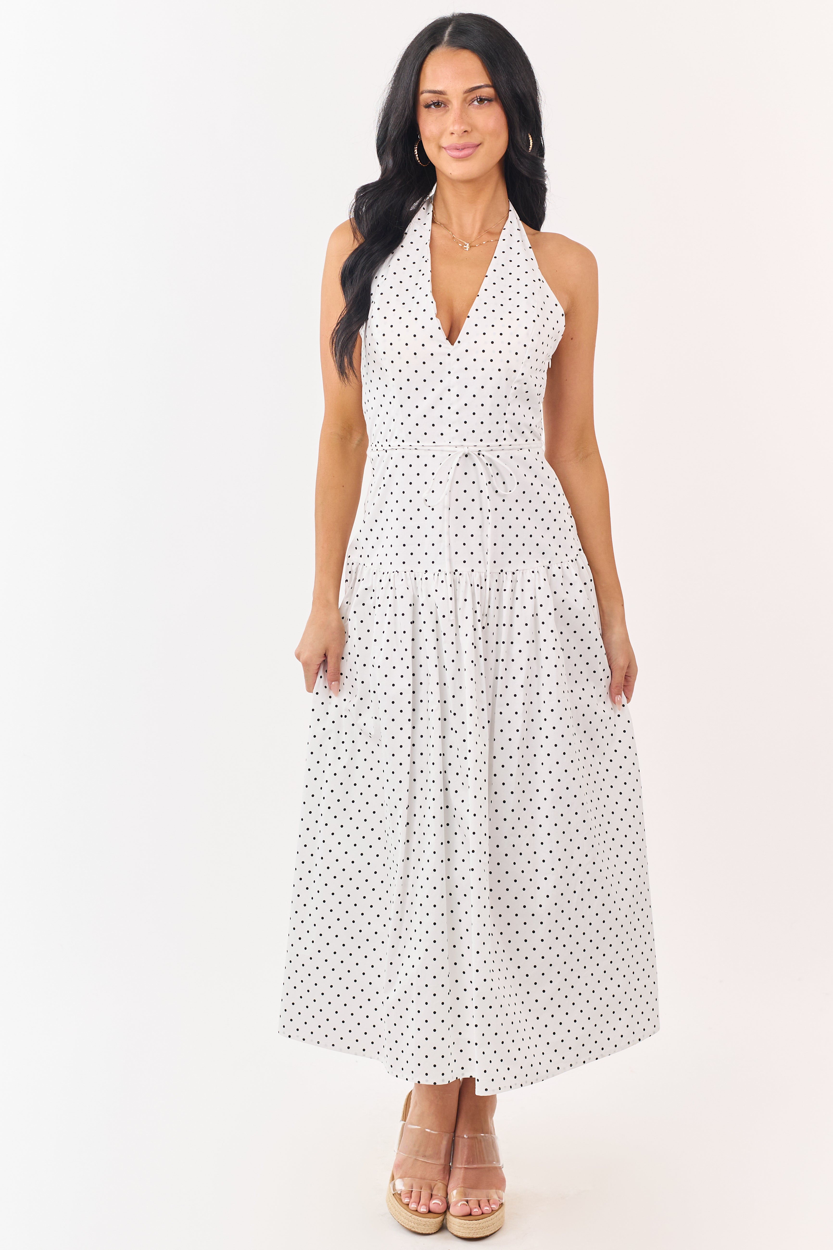 Off White and Black Polka Dot Cotton Maxi Dress