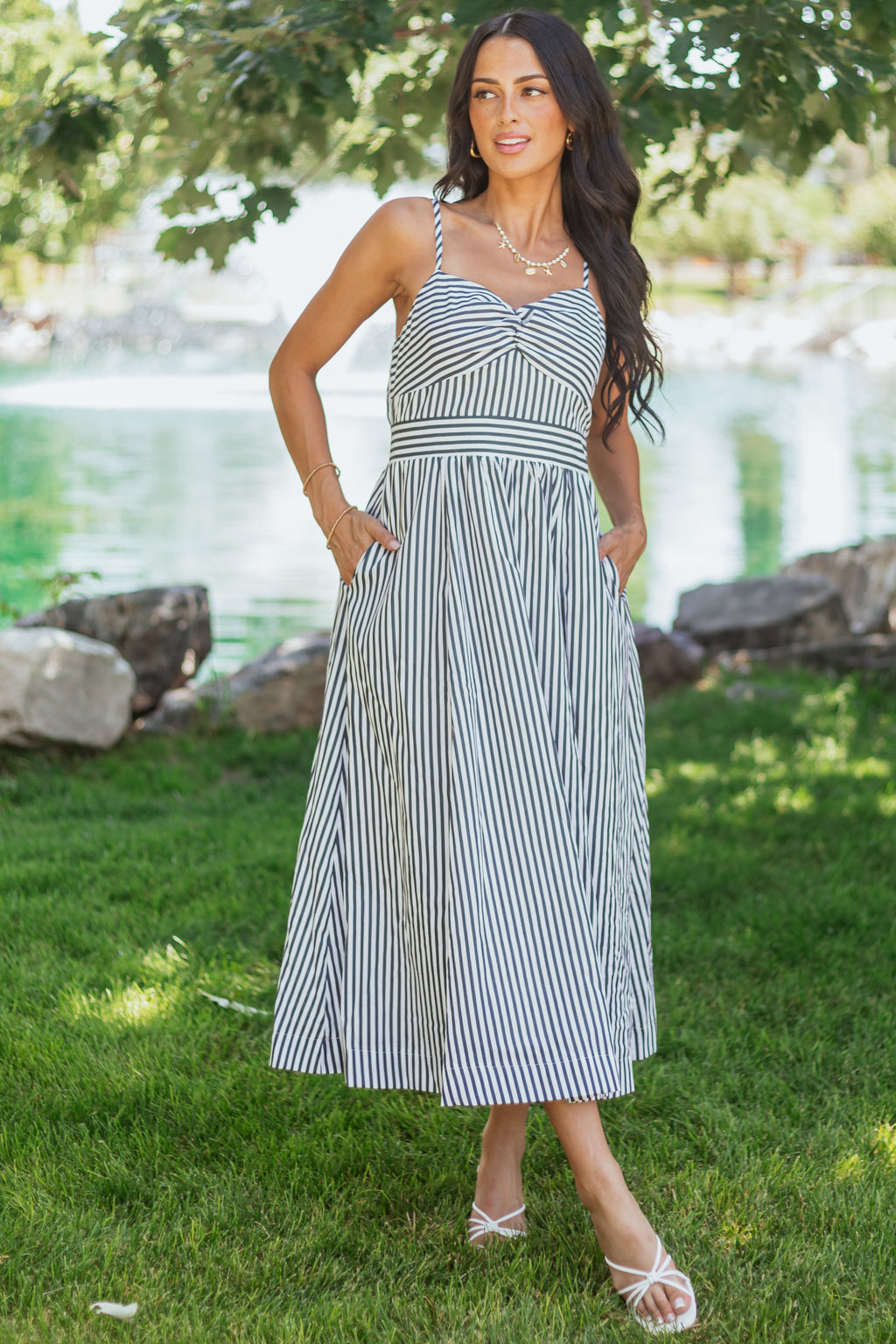 Off White and Navy Striped Sweetheart Midi Dress
