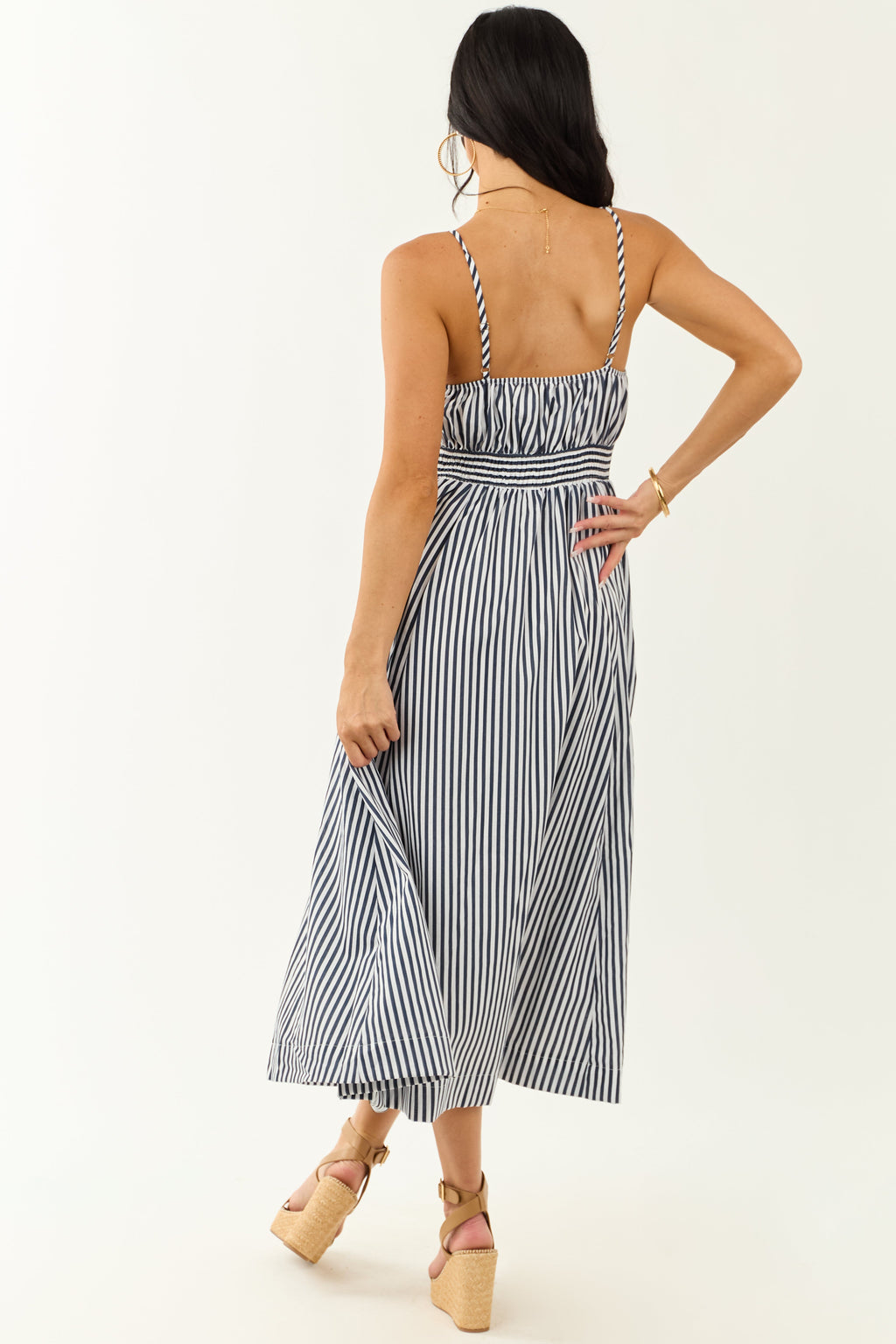 Off White and Navy Striped Sweetheart Midi Dress