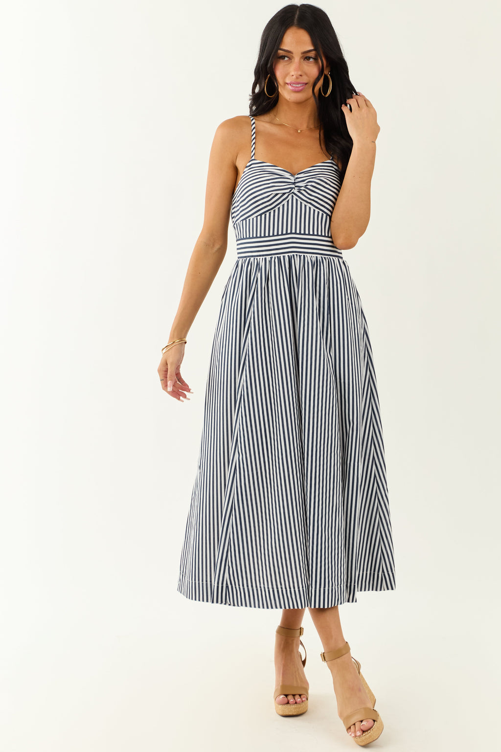 Off White and Navy Striped Sweetheart Midi Dress