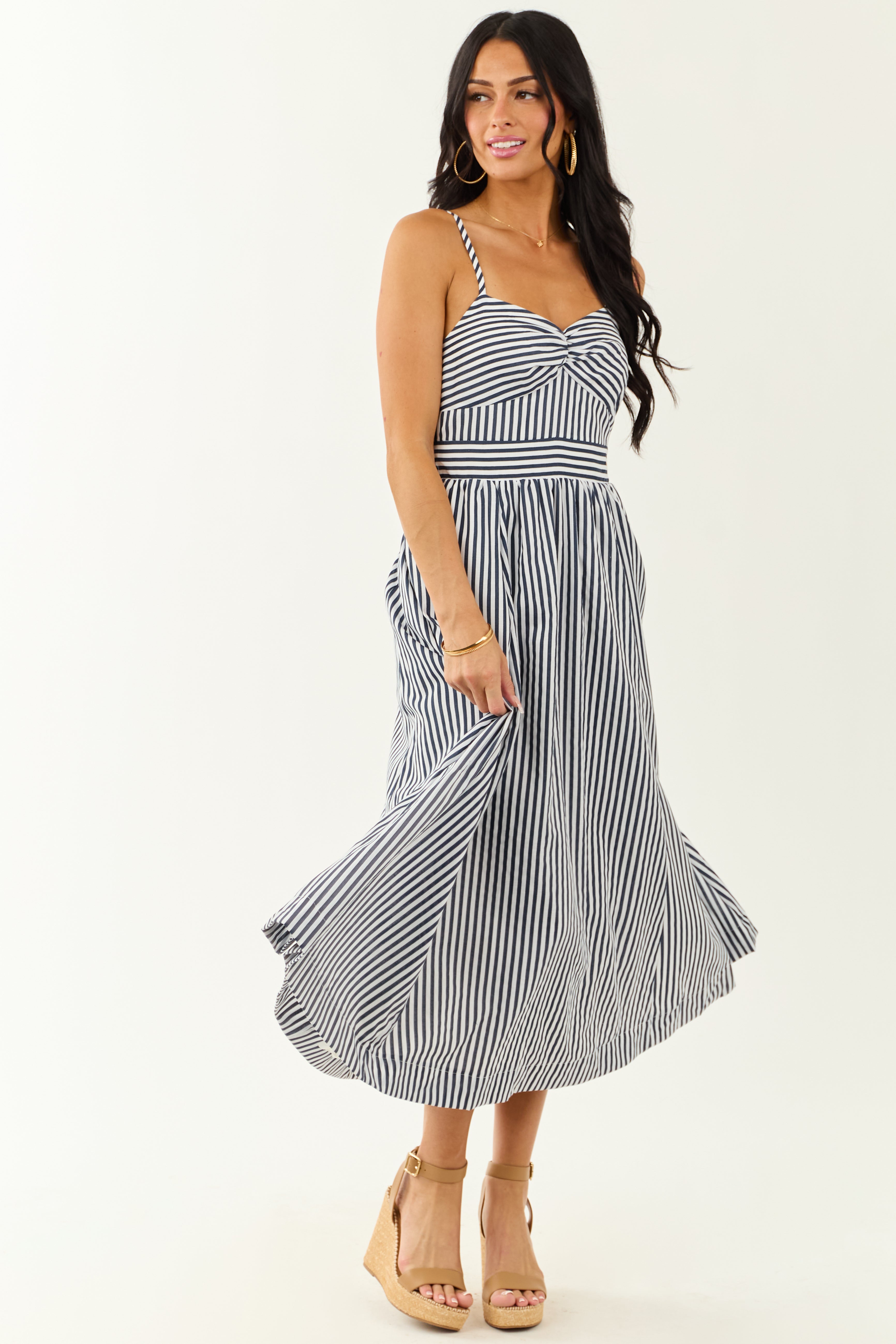 Off White and Navy Striped Sweetheart Midi Dress