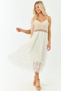 POL Cream Open Crochet Tiered Mesh Midi Dress