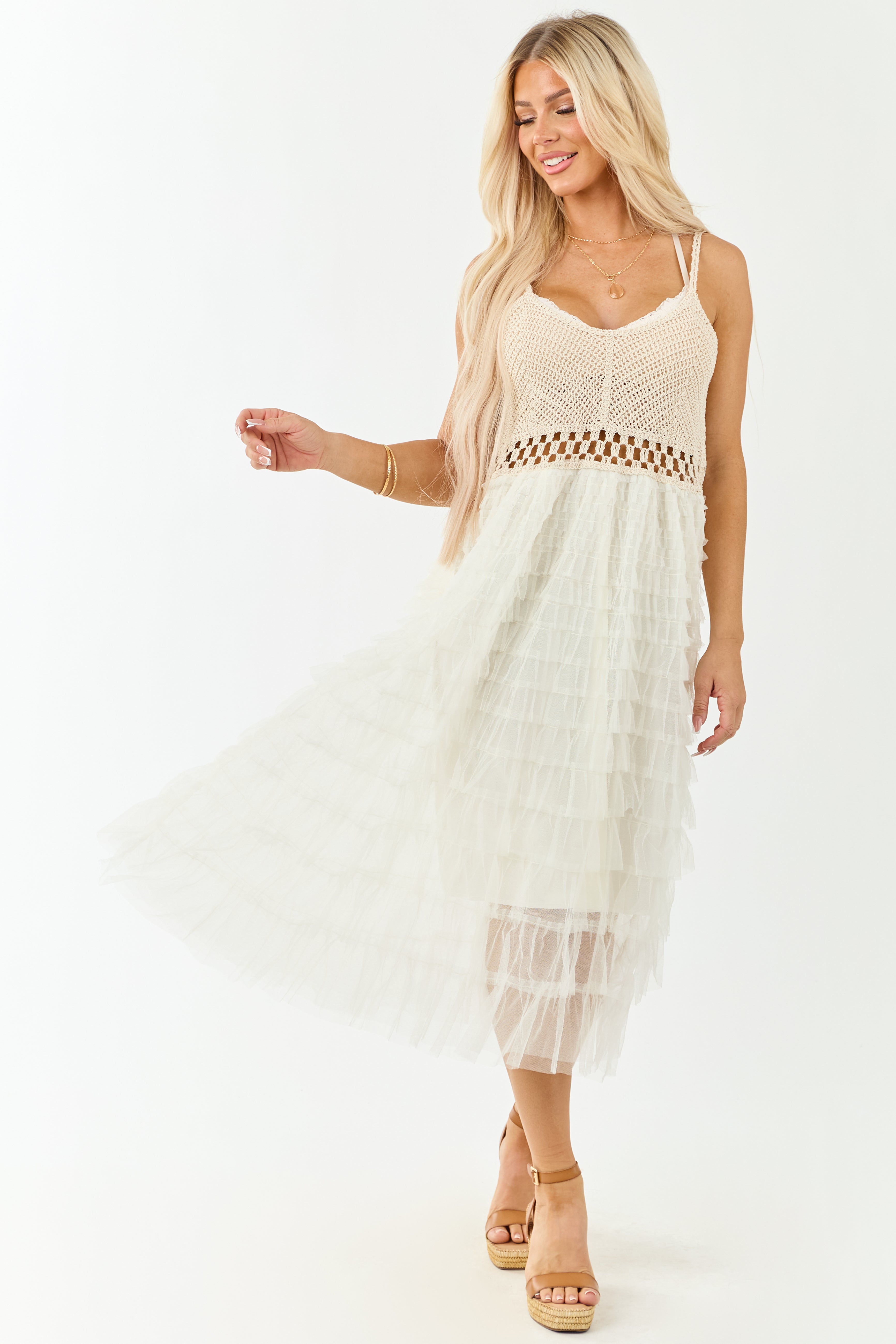 POL Cream Open Crochet Tiered Mesh Midi Dress