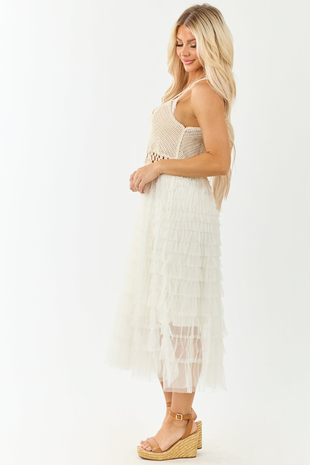 POL Cream Open Crochet Tiered Mesh Midi Dress