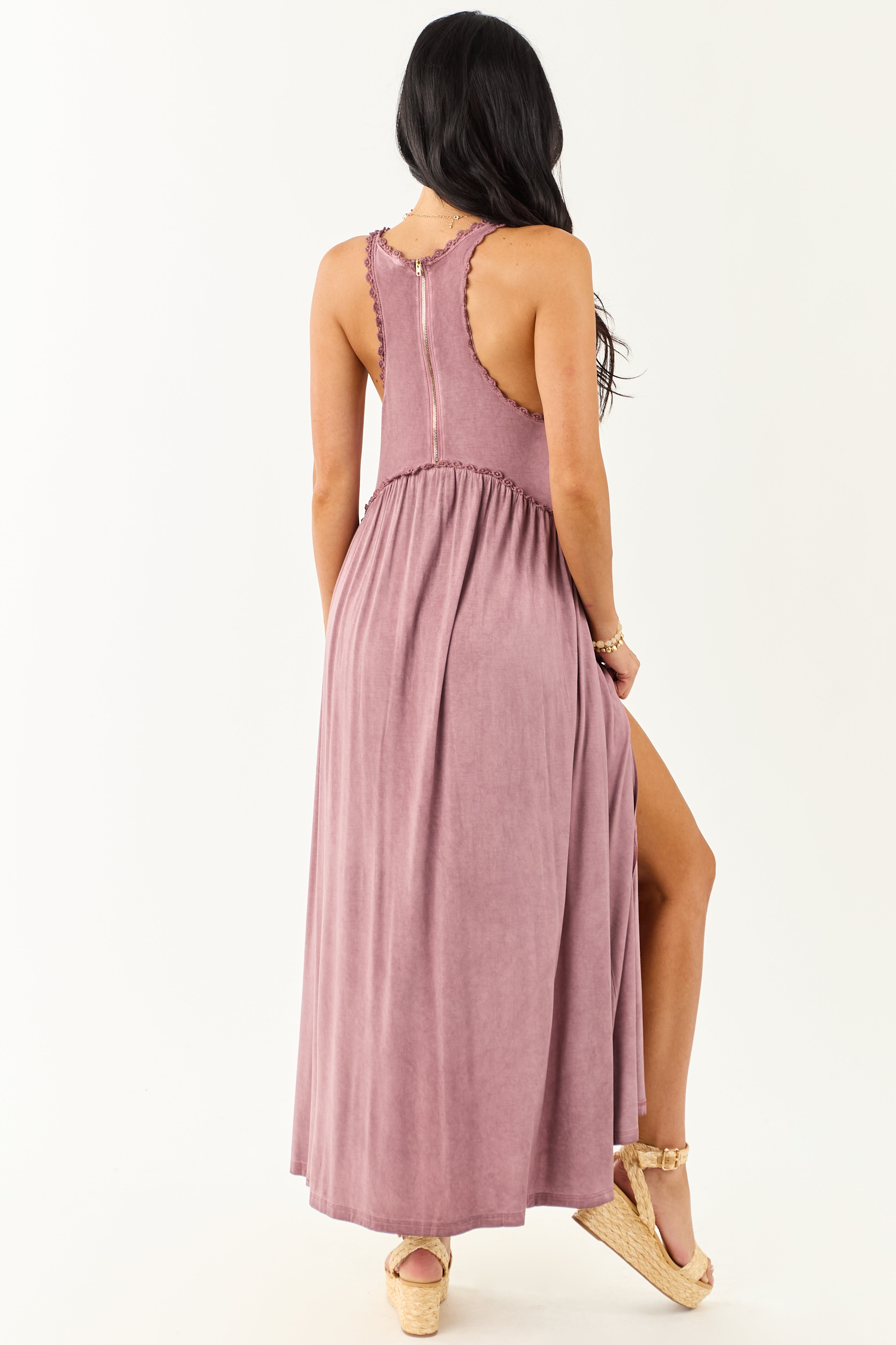 POL Dusty Mauve Crochet Lace Trim Soft Maxi Dress