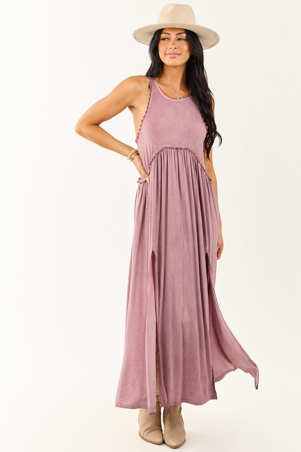 POL Dusty Mauve Crochet Lace Trim Soft Maxi Dress