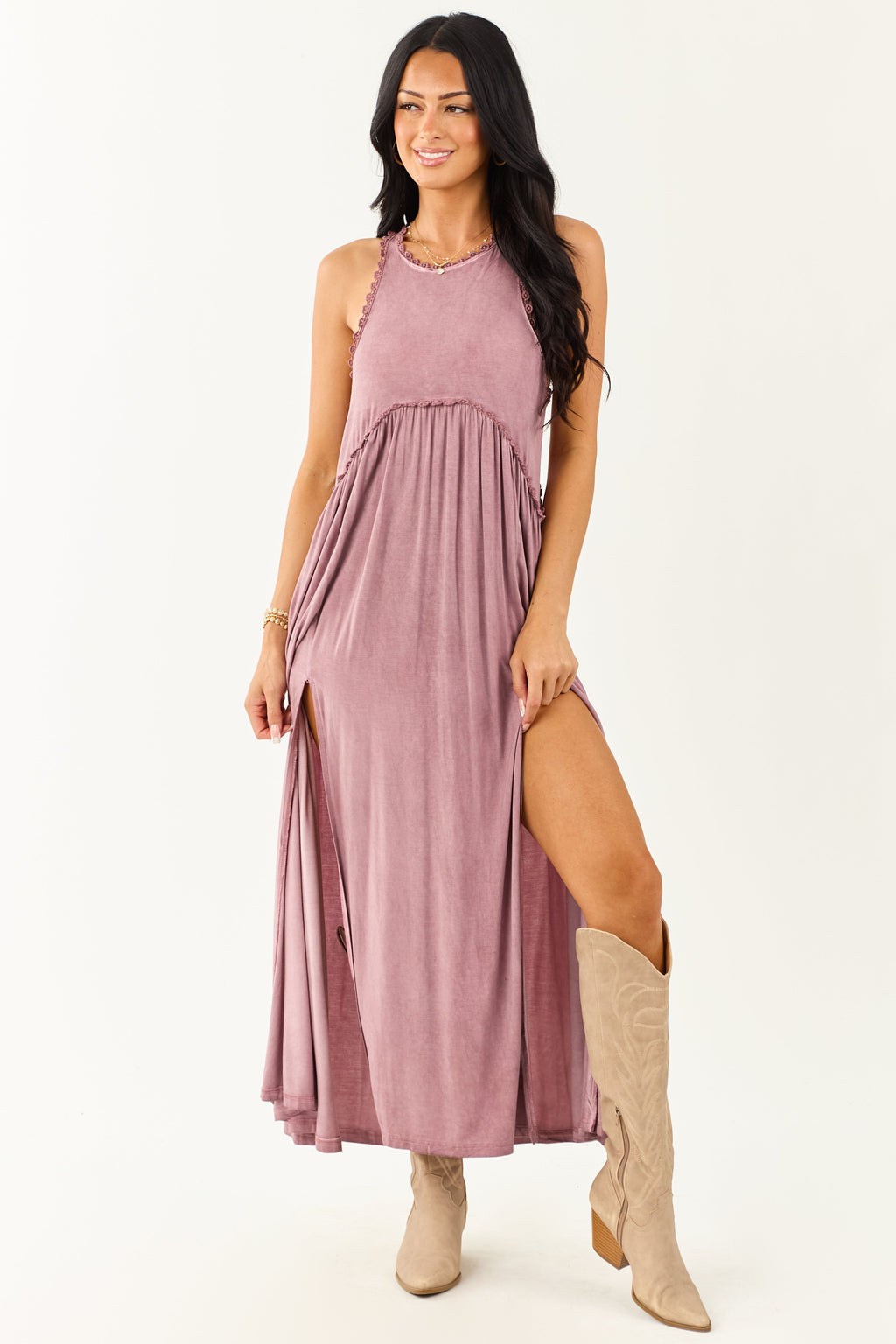 POL Dusty Mauve Crochet Lace Trim Soft Maxi Dress
