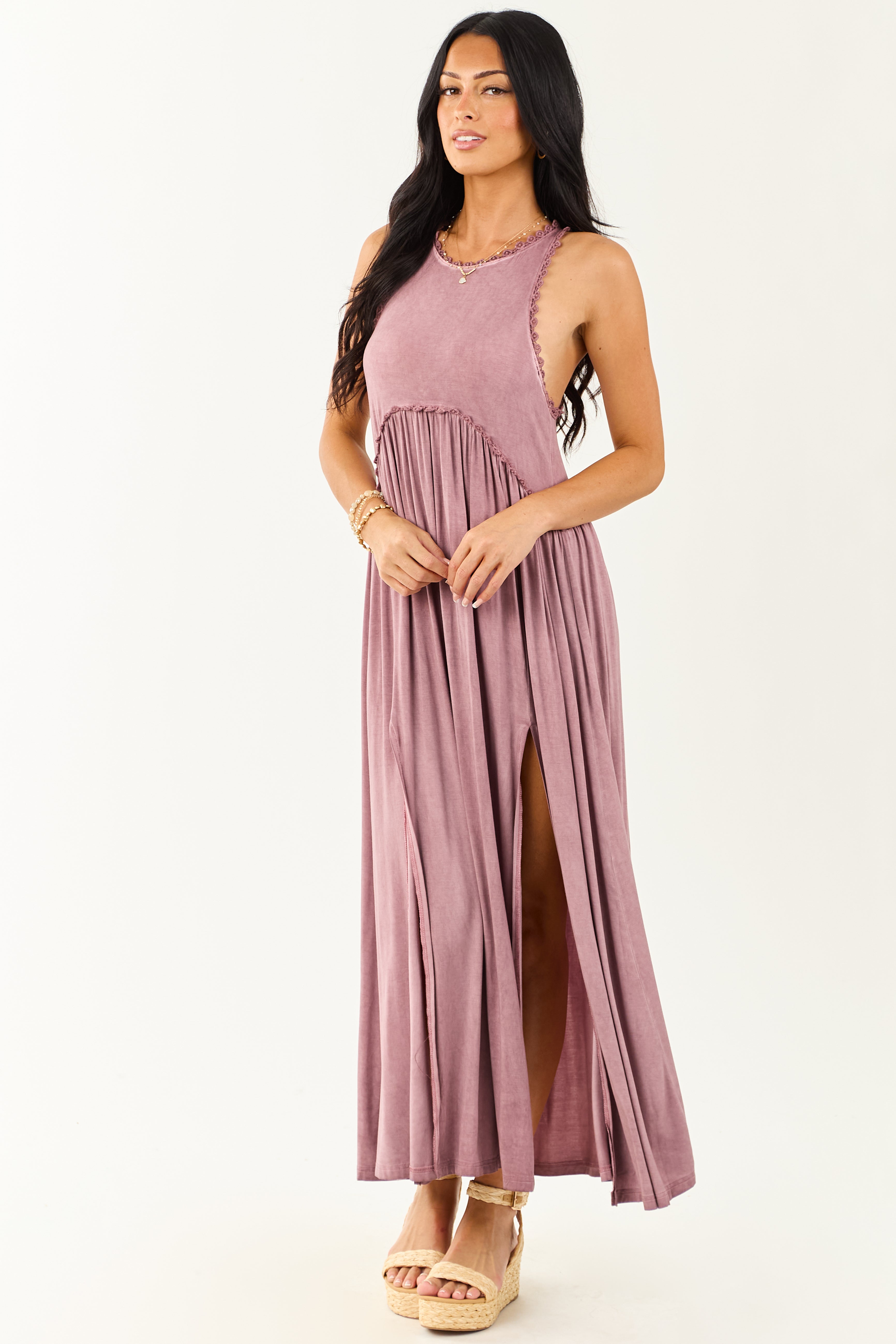 POL Dusty Mauve Crochet Lace Trim Soft Maxi Dress