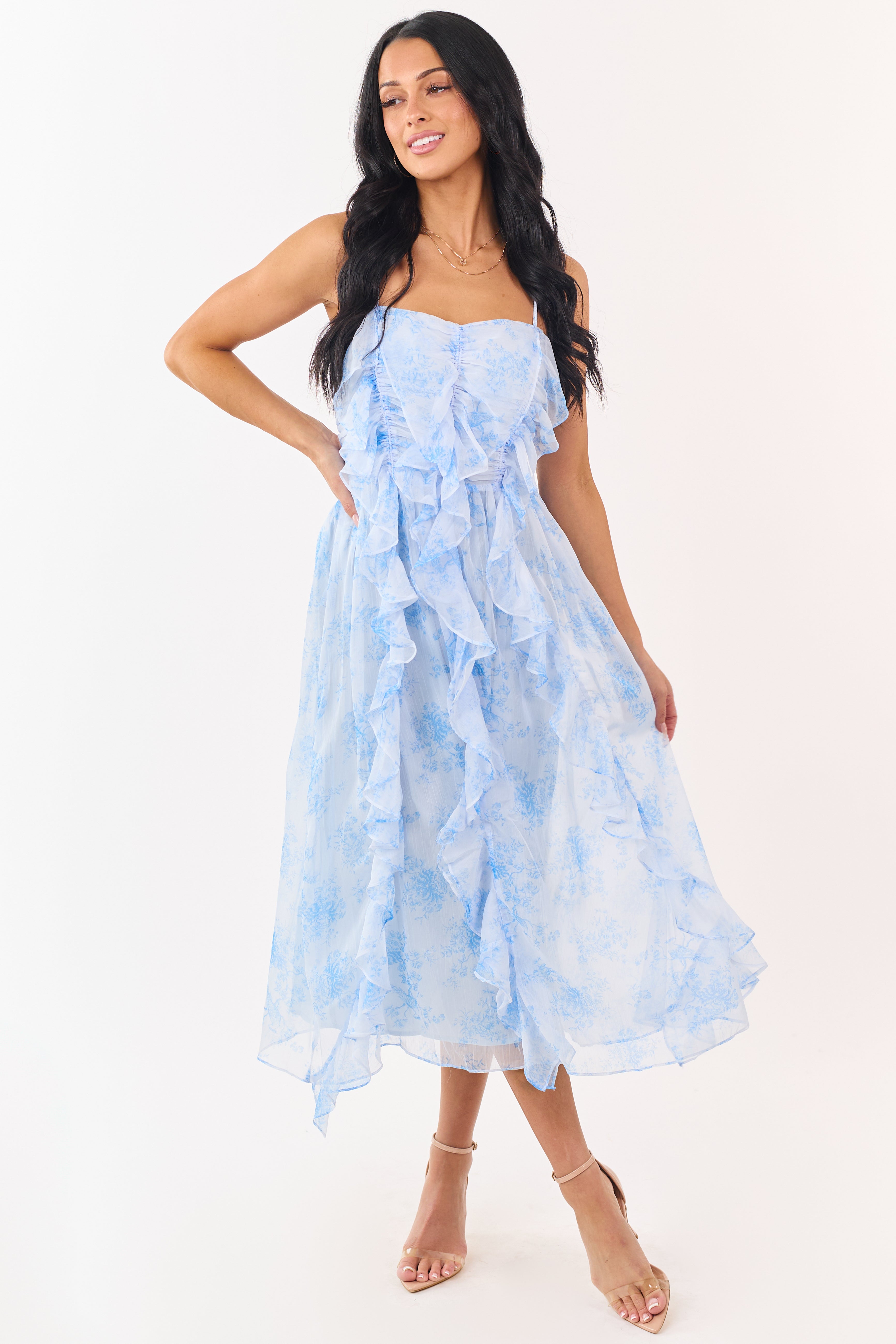 Pastel Blue Chiffon Ruffled Sleeveless Midi Dress