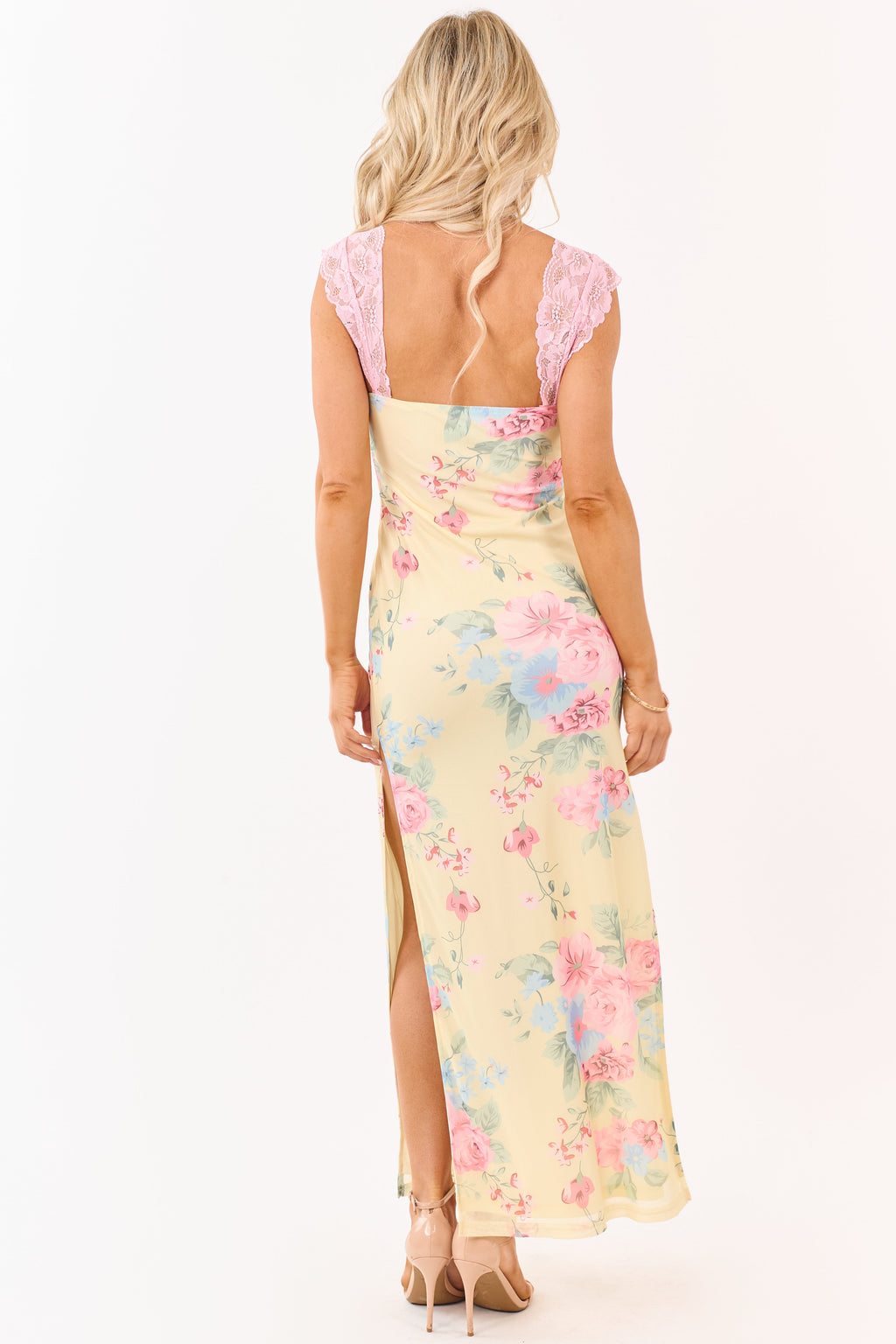 Pastel Yellow Floral Print Mesh Lace Maxi Dress