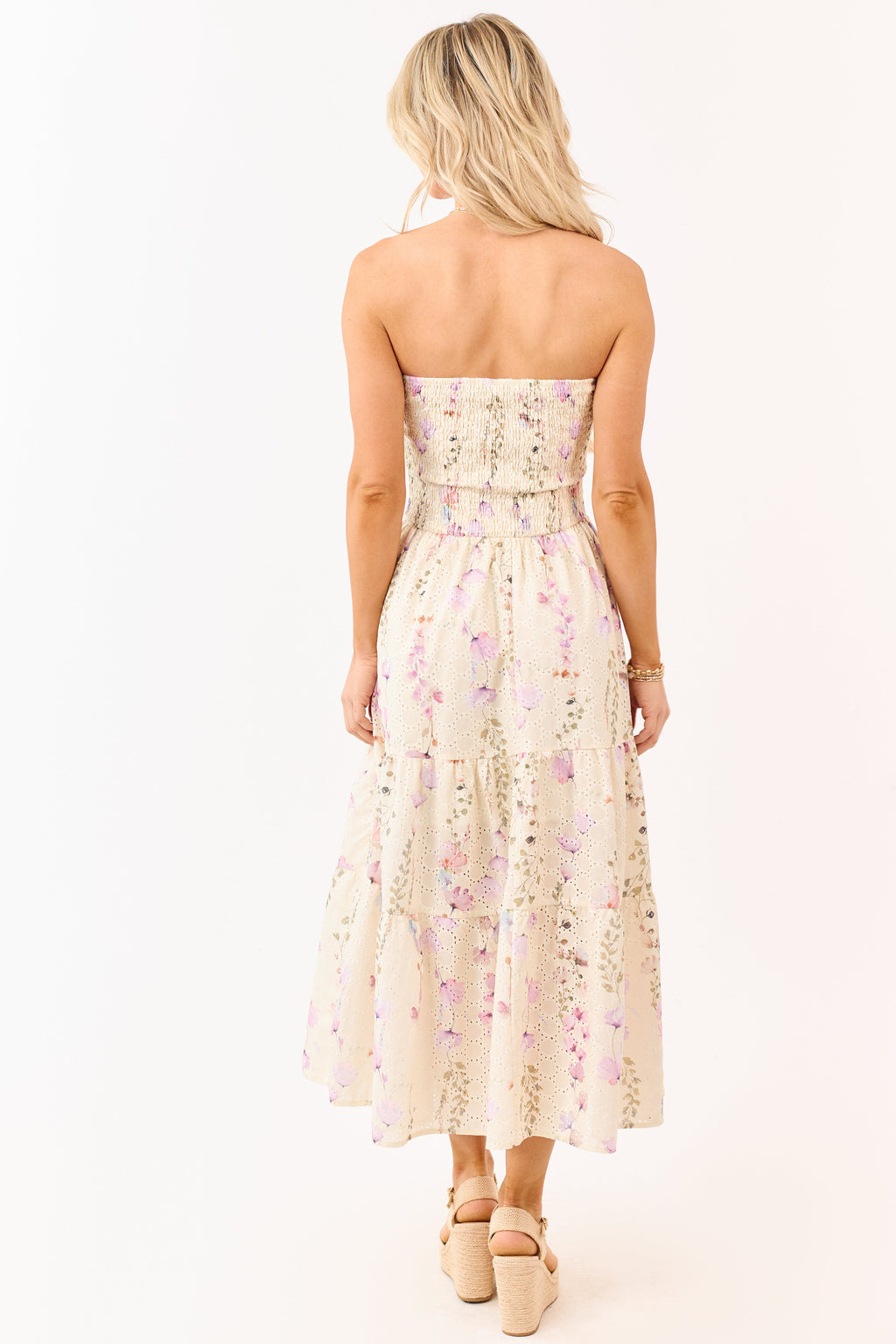Pastel Yellow Floral Print Strapless Midi Dress