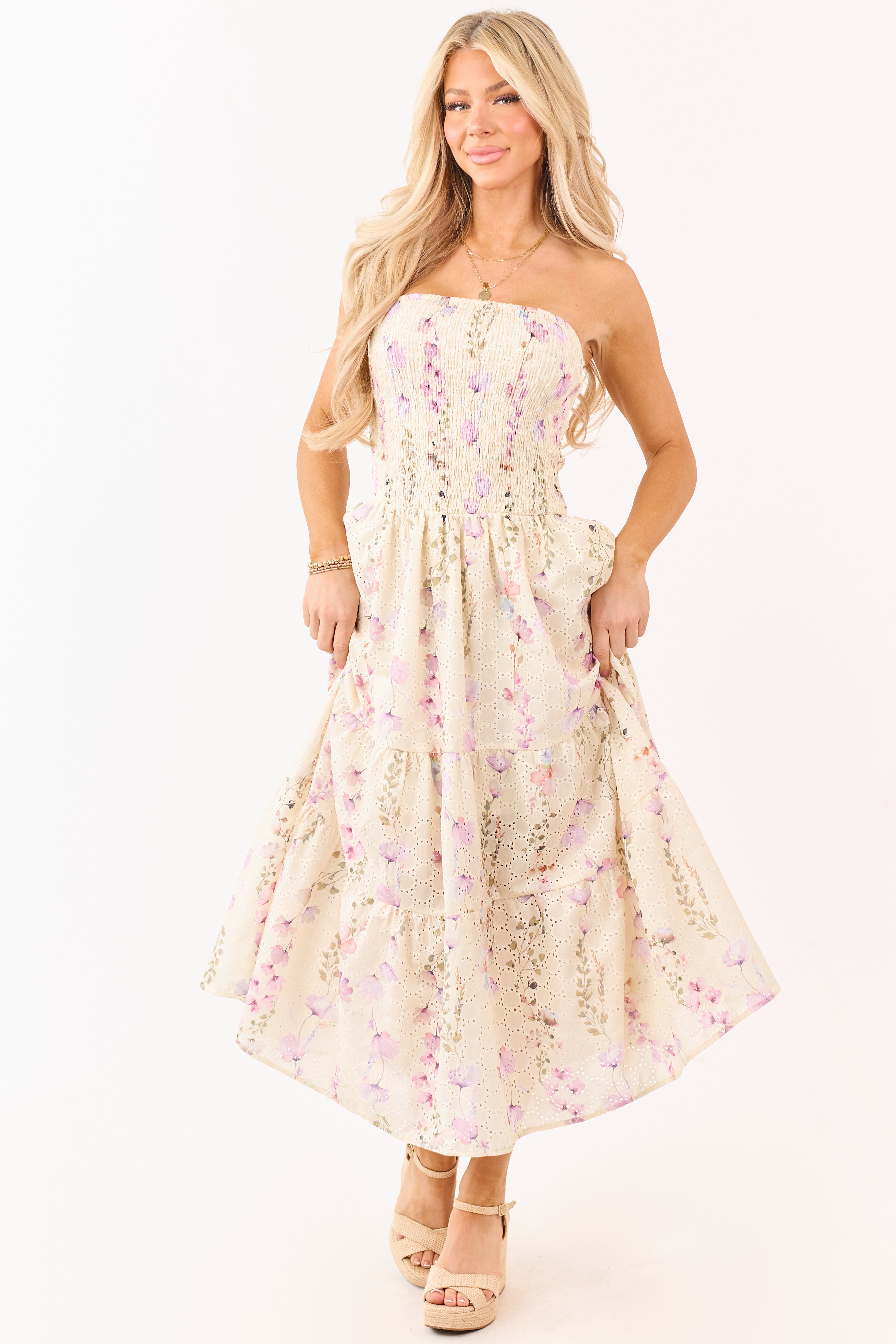 Pastel Yellow Floral Print Strapless Midi Dress