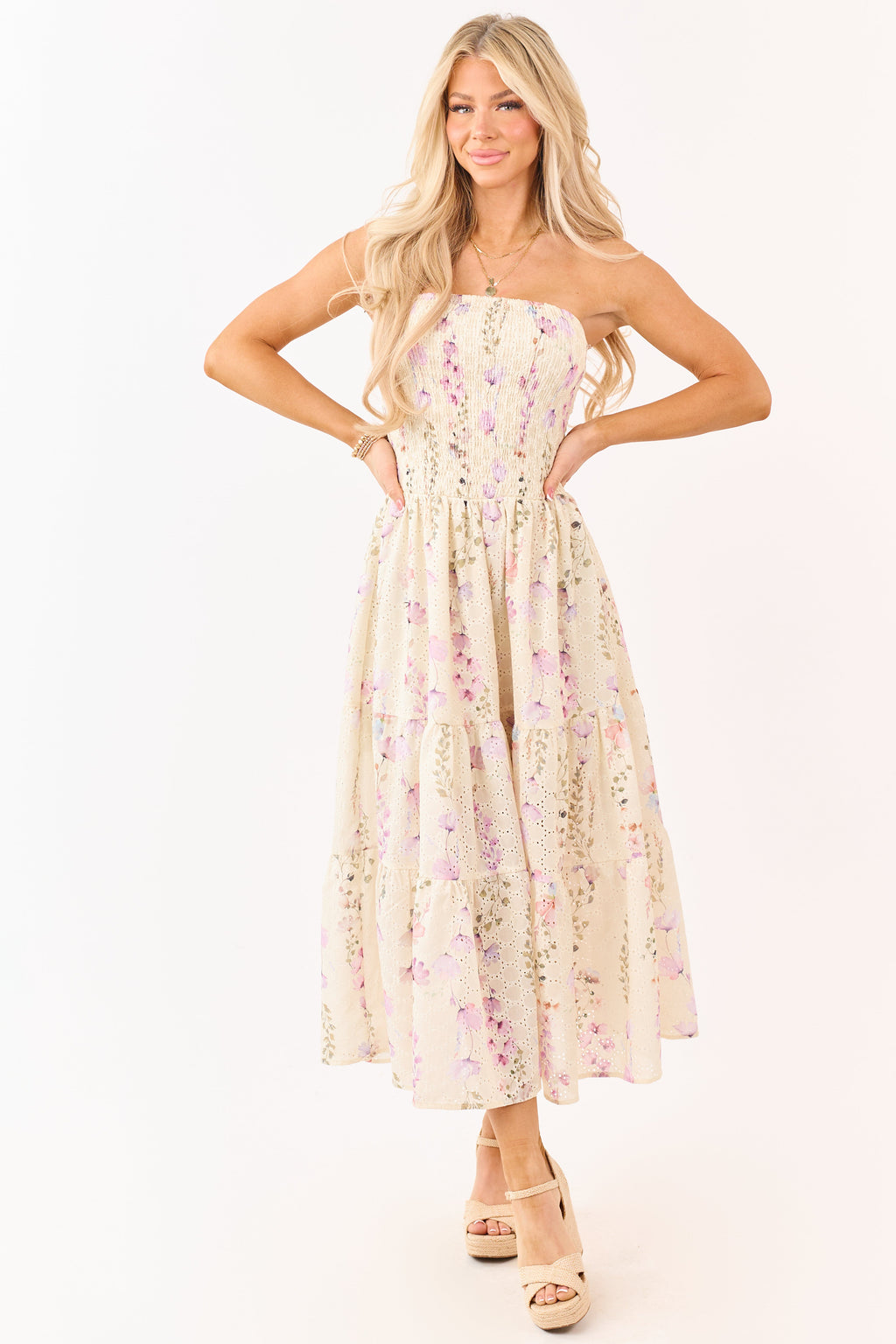 Pastel Yellow Floral Print Strapless Midi Dress