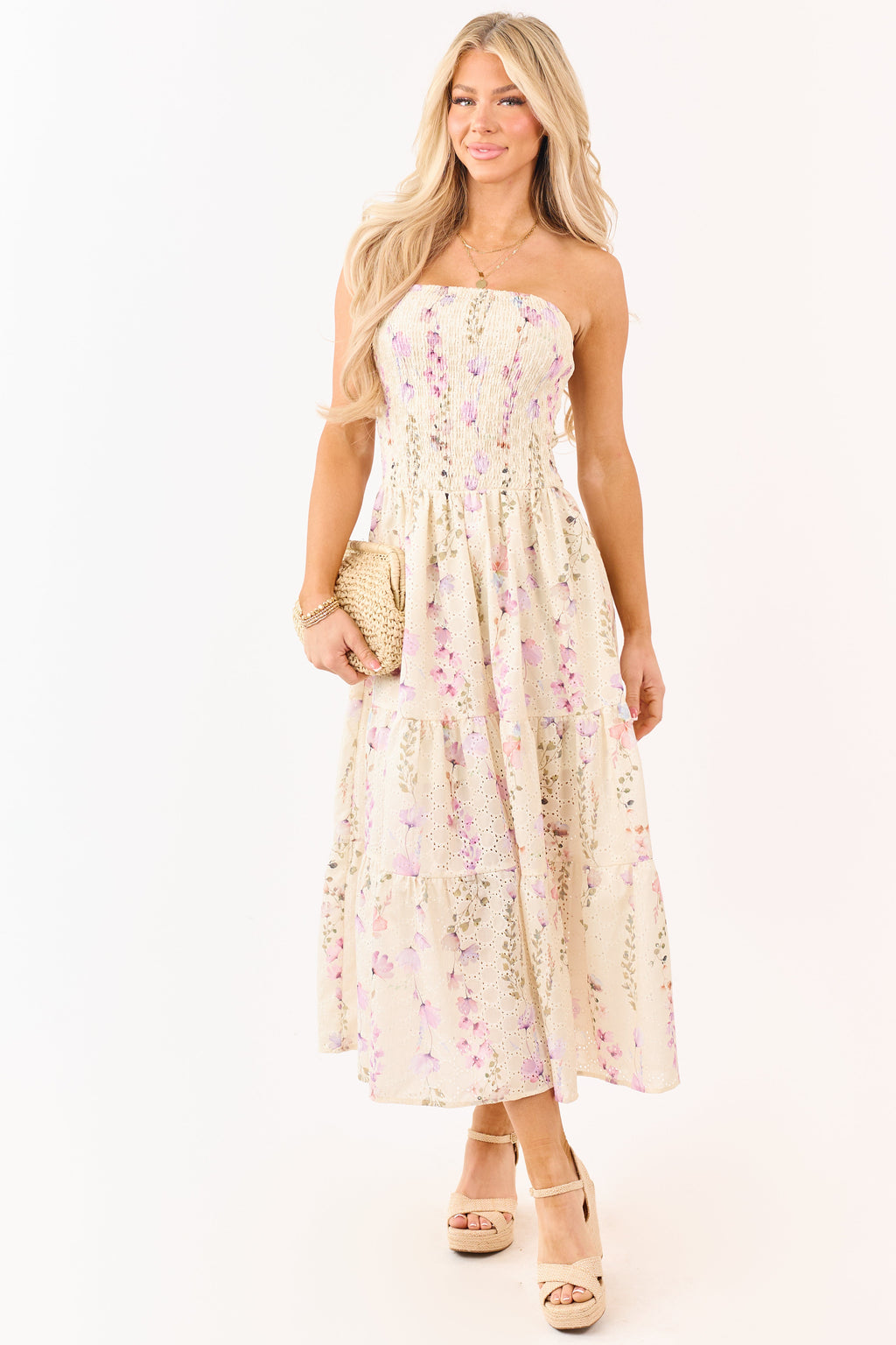 Pastel Yellow Floral Print Strapless Midi Dress