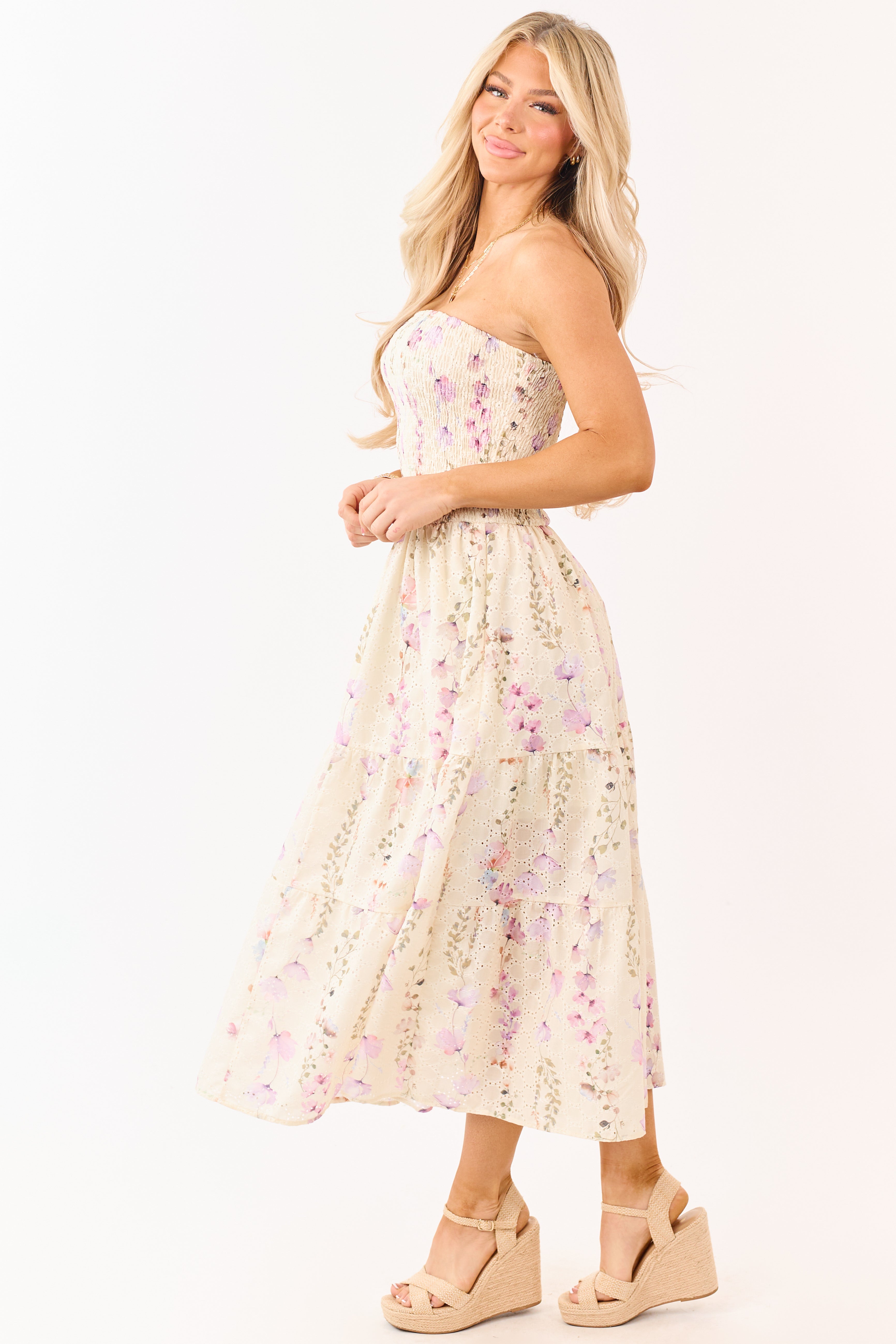 Pastel Yellow Floral Print Strapless Midi Dress