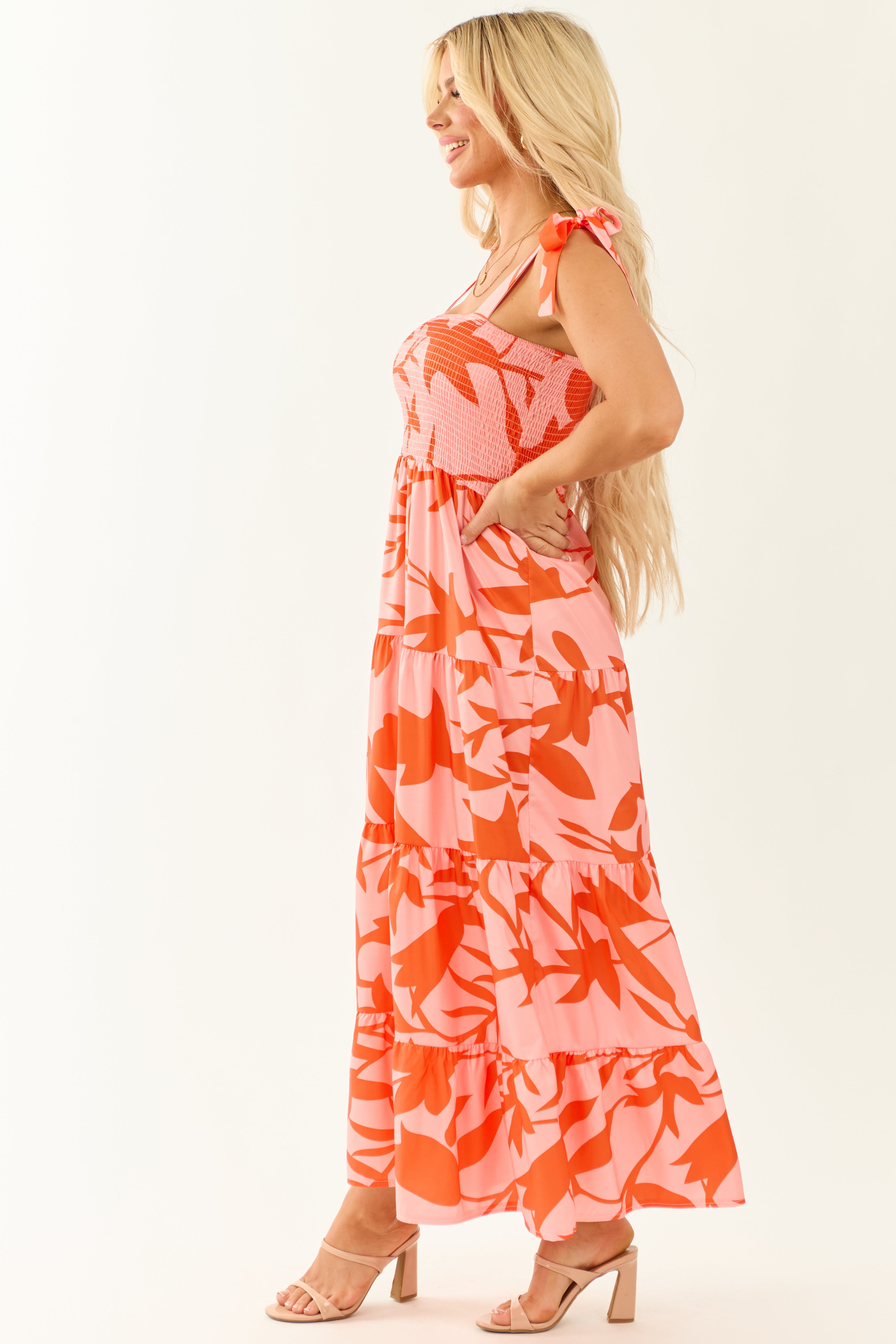 Peach Abstract Print Tie Straps Midi Dress