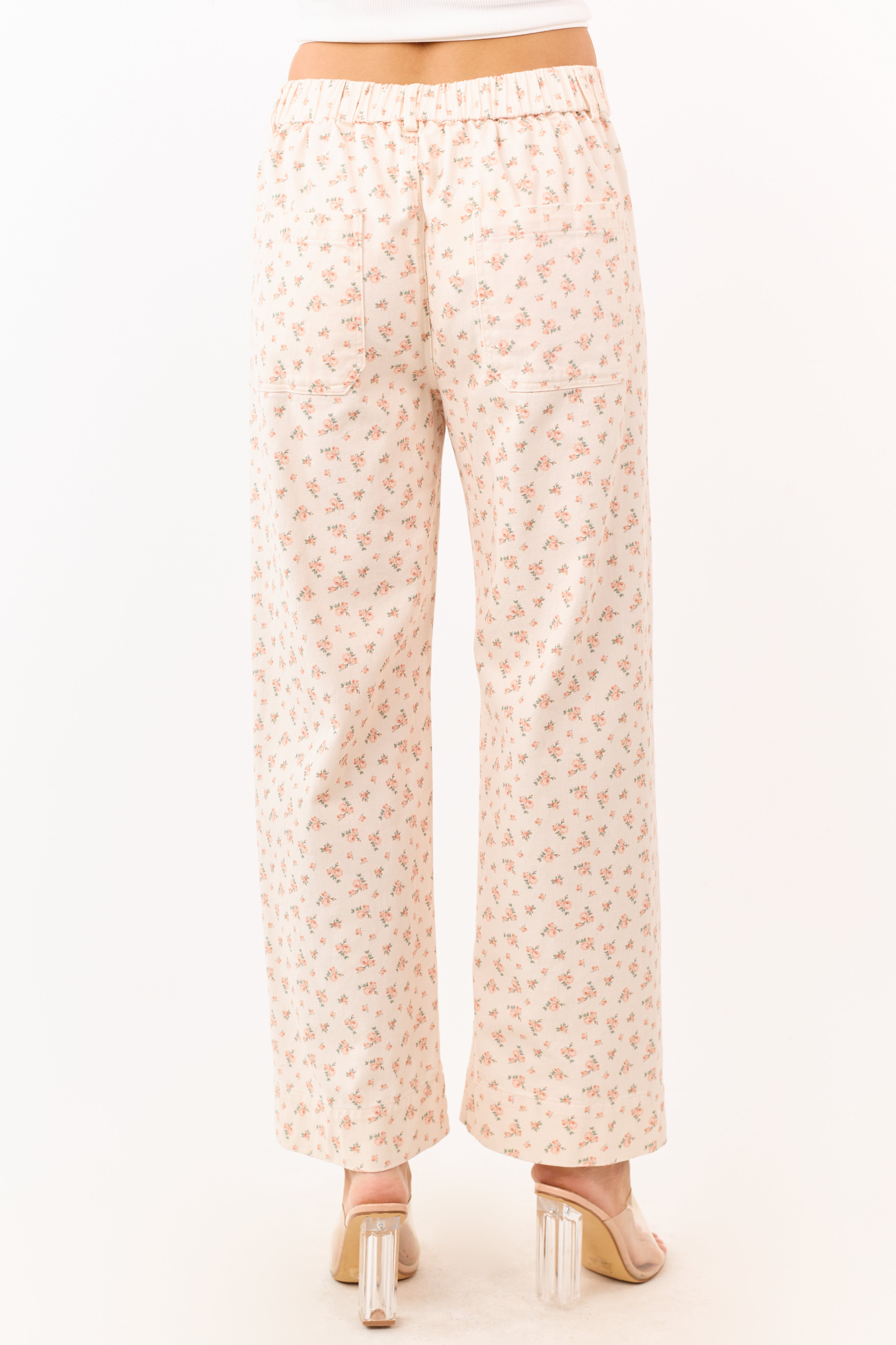 Peach Ditsy Floral Patch Pocket Wide Leg Jeans