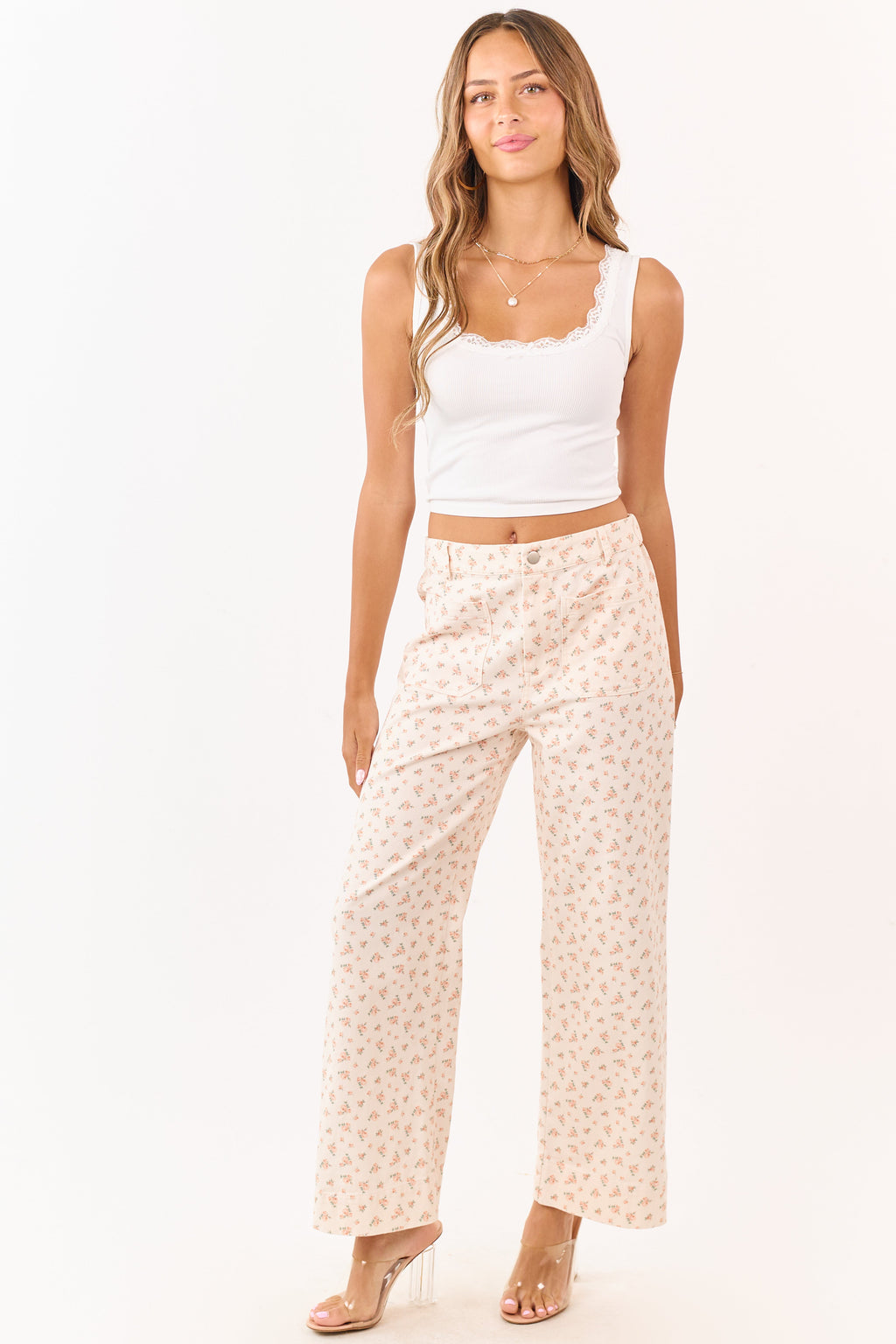 Peach Ditsy Floral Patch Pocket Wide Leg Jeans