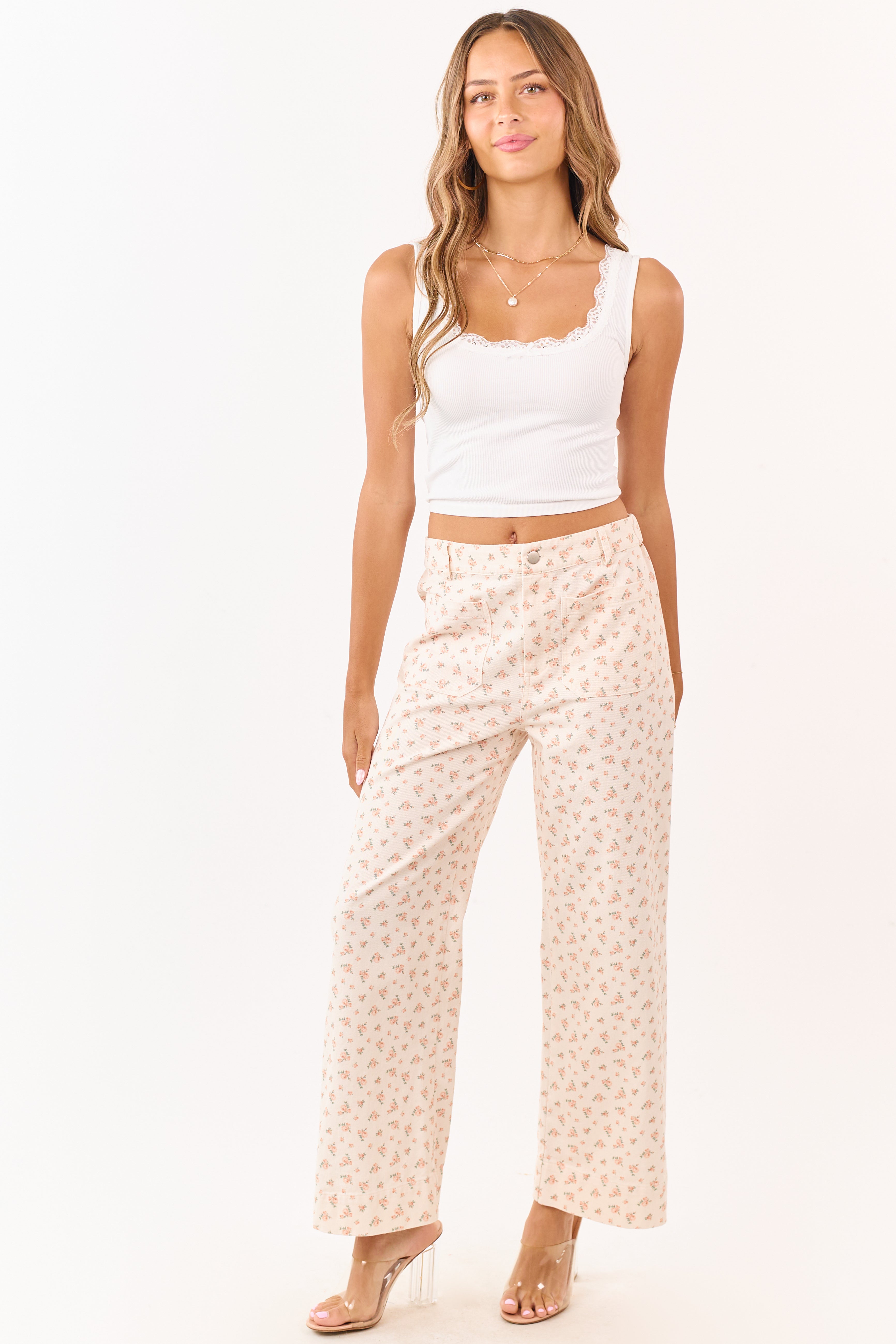 Peach Ditsy Floral Patch Pocket Wide Leg Jeans