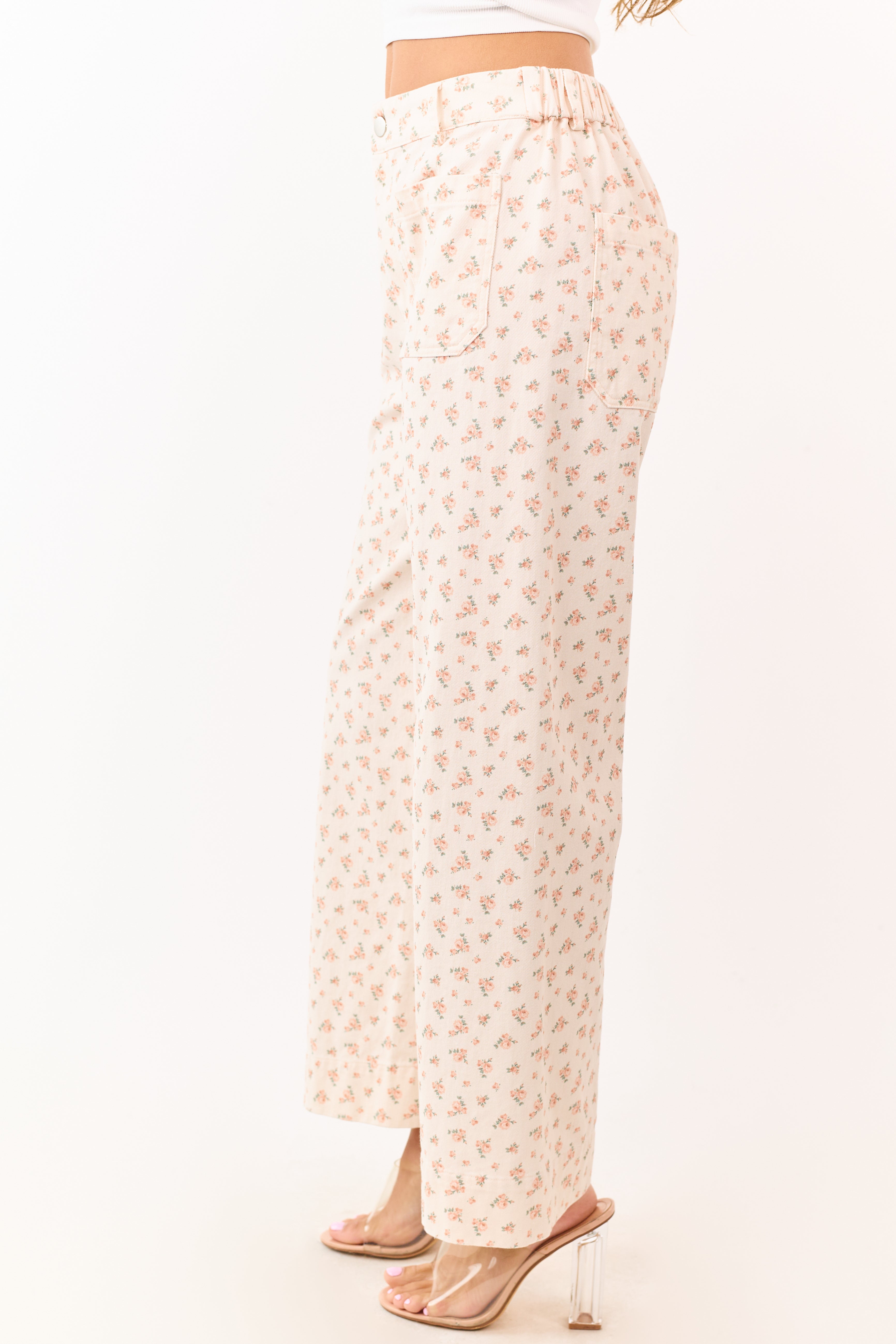 Peach Ditsy Floral Patch Pocket Wide Leg Jeans