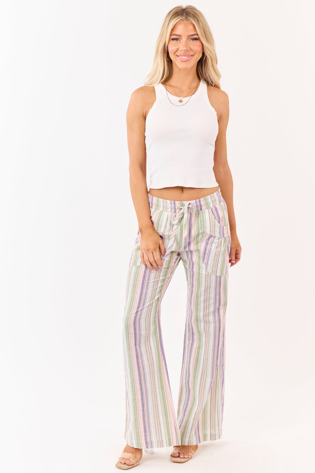 Pistachio Cotton Striped Elastic Waist Wide Leg Pants