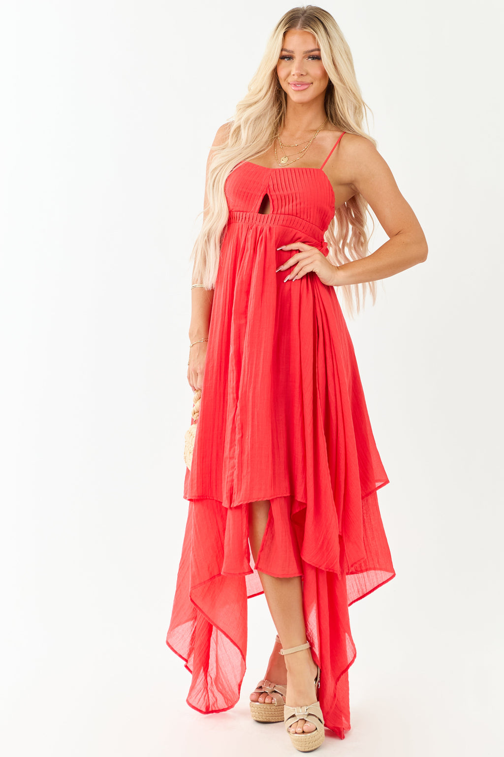 Poppy Red Layered Handkerchief Hem Maxi Dress