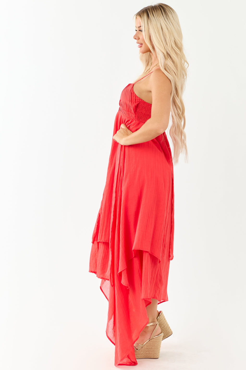 Poppy Red Layered Handkerchief Hem Maxi Dress