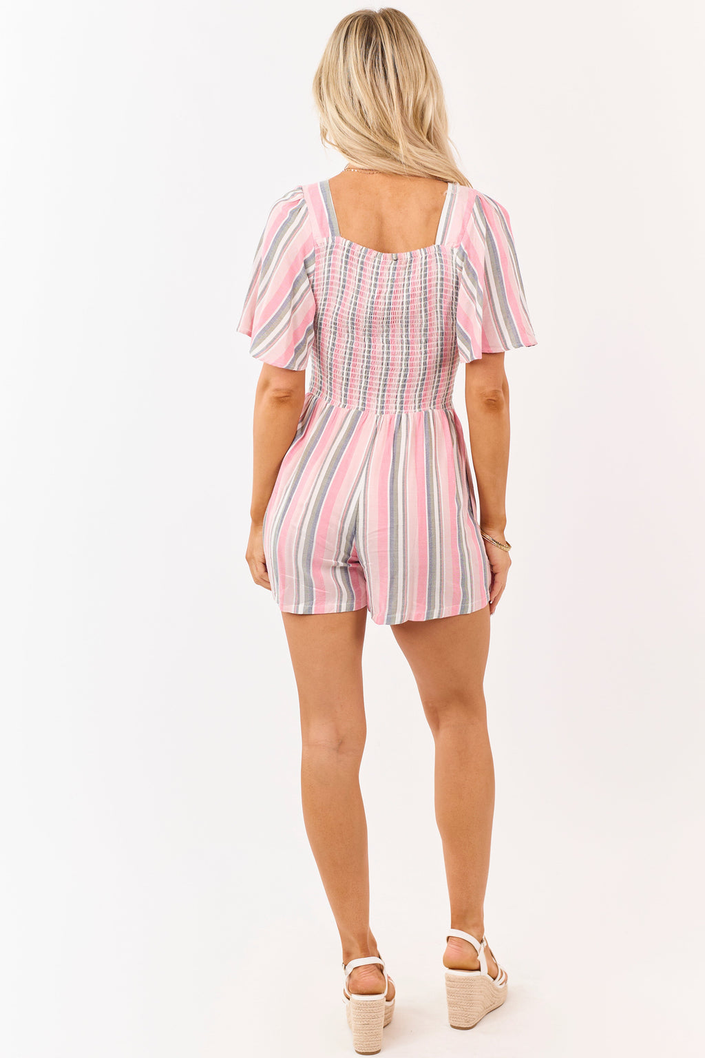 Punch Striped Flutter Sleeve Front Twist Romper