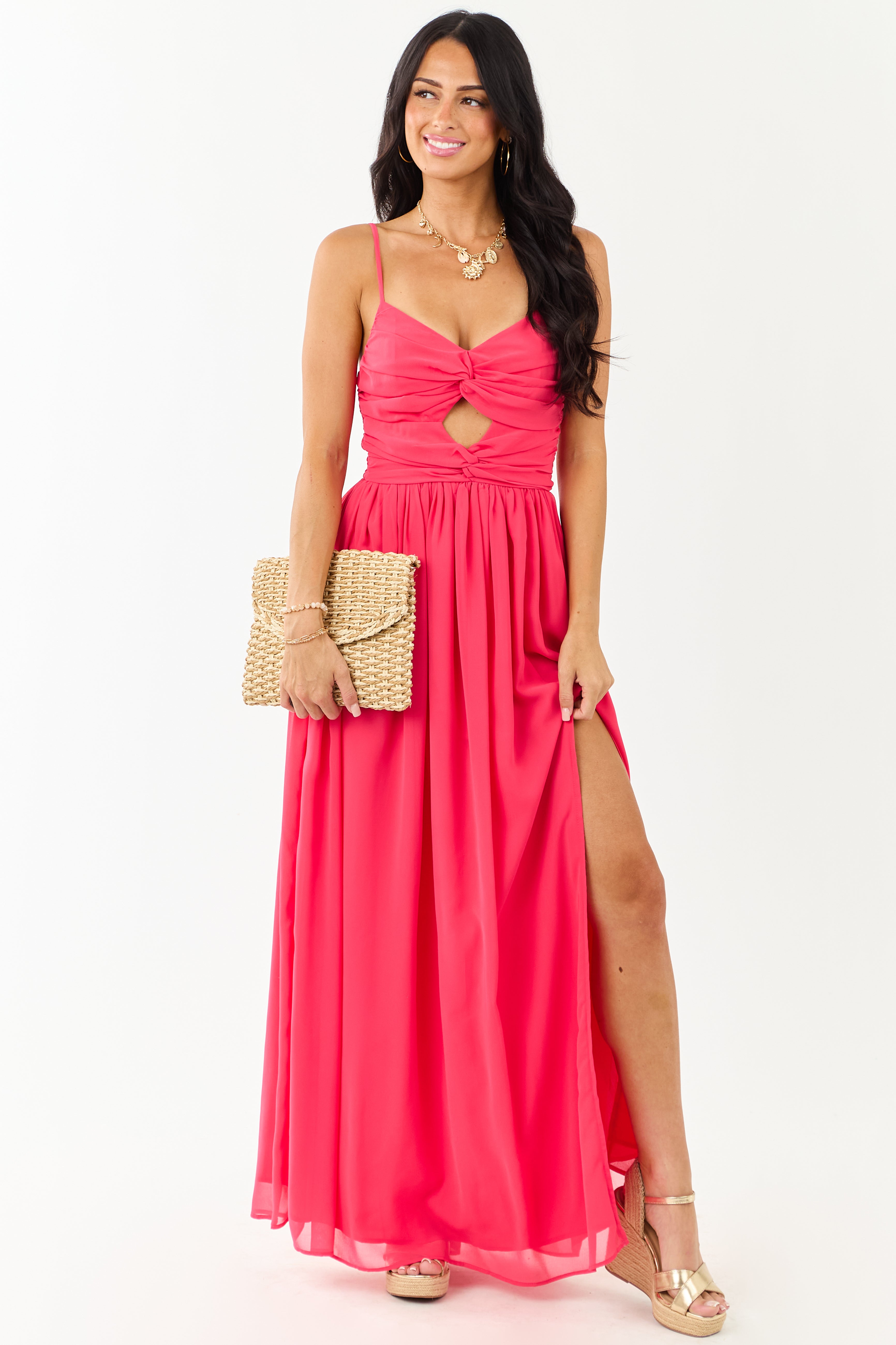 Raspberry Flowy Chiffon Front Twist Maxi Dress