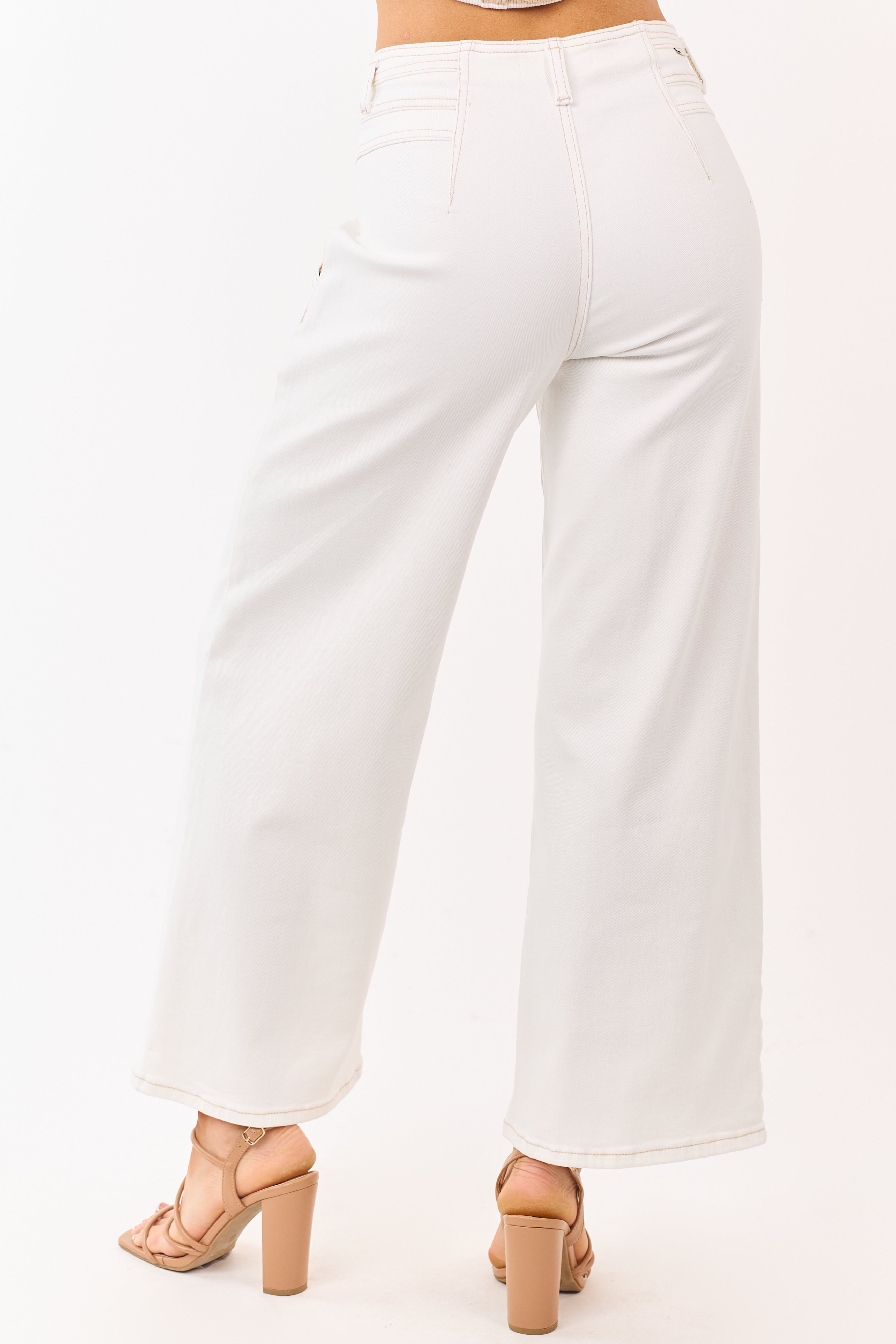 Risen Ivory Contrast Stitch Stretchy Wide Leg Jeans