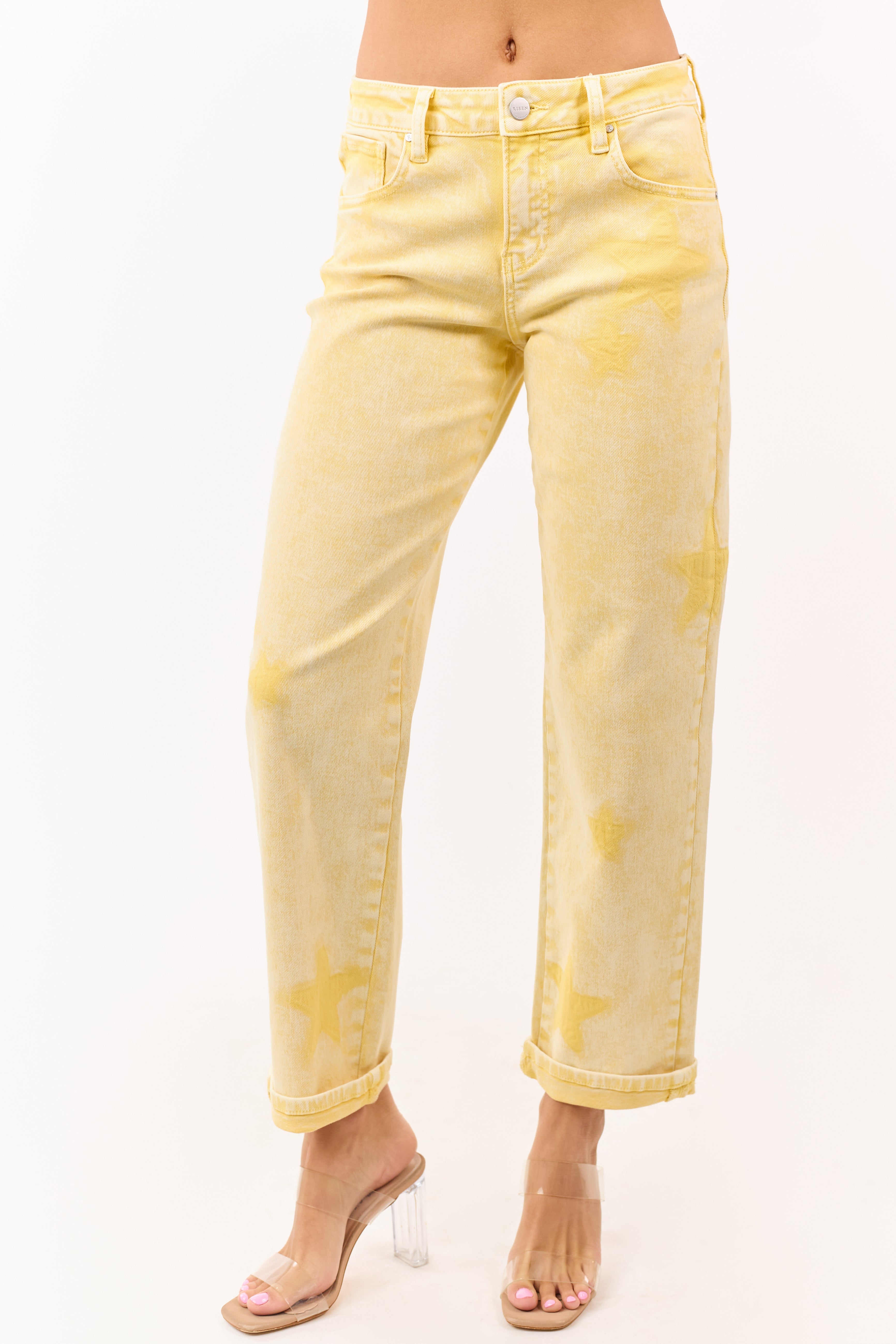 Risen Lemon Washed Star Stretchy Slim Barrel Jeans