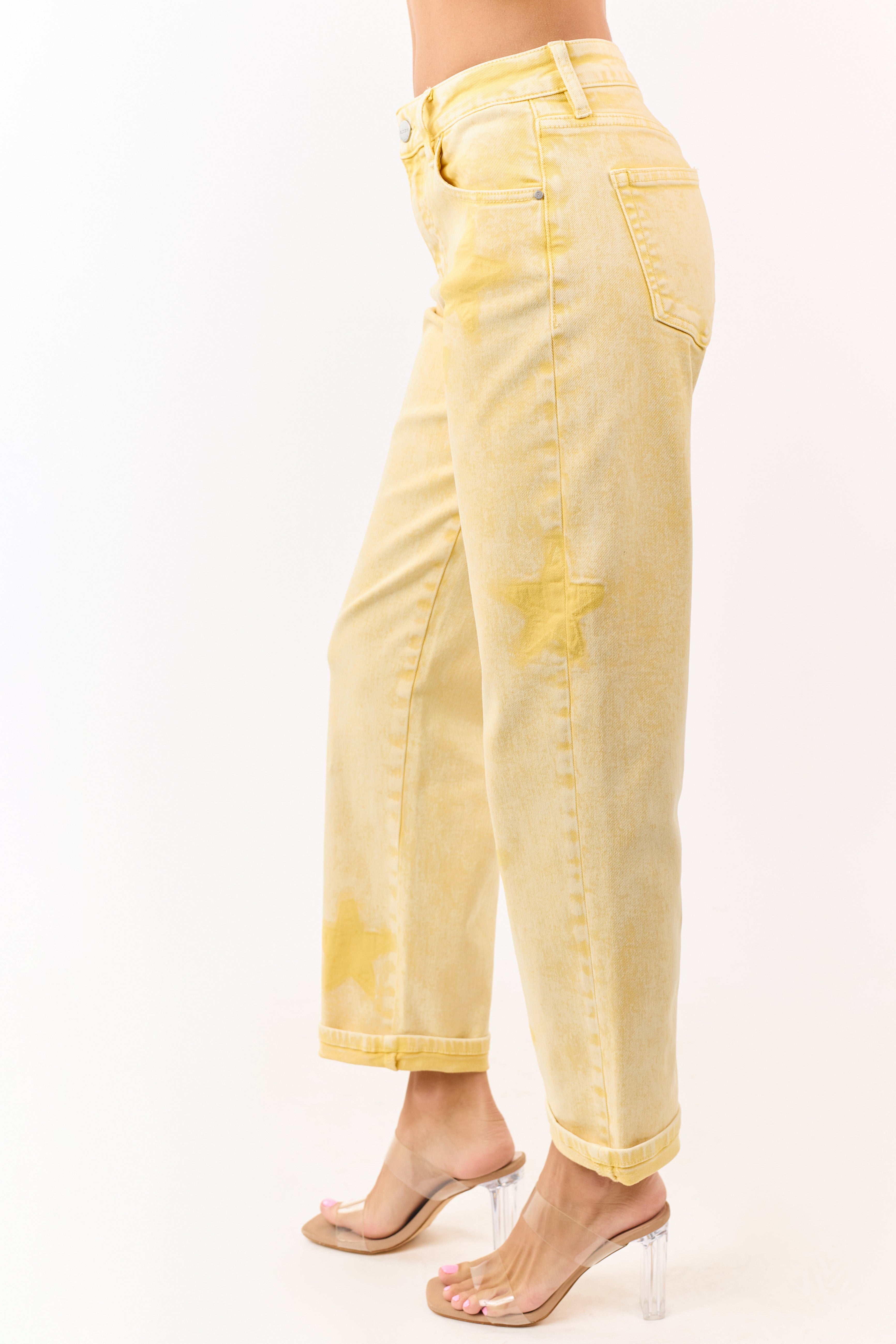 Risen Lemon Washed Star Stretchy Slim Barrel Jeans