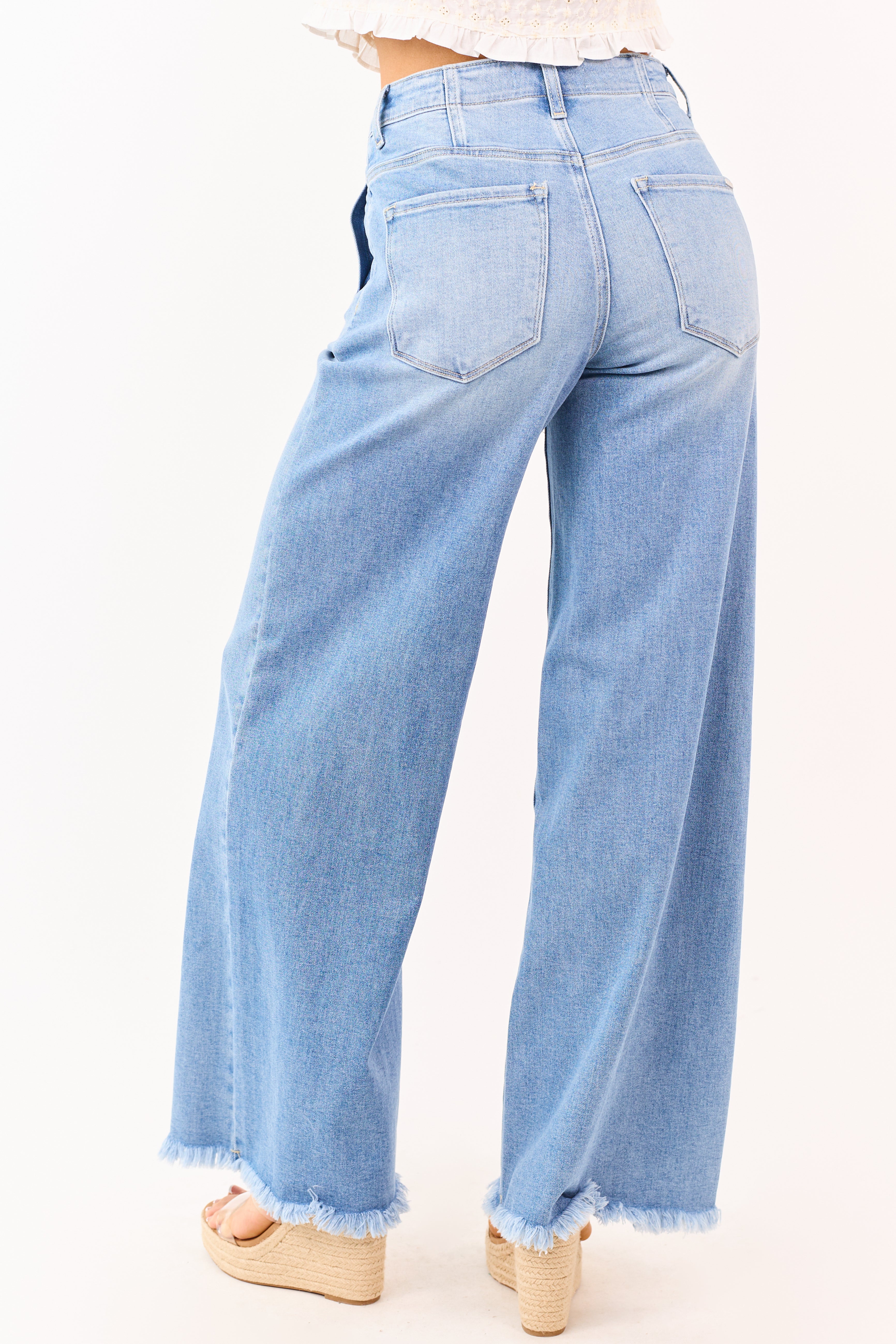 Risen Light Wash High Rise Wide Leg Drawstring Jeans