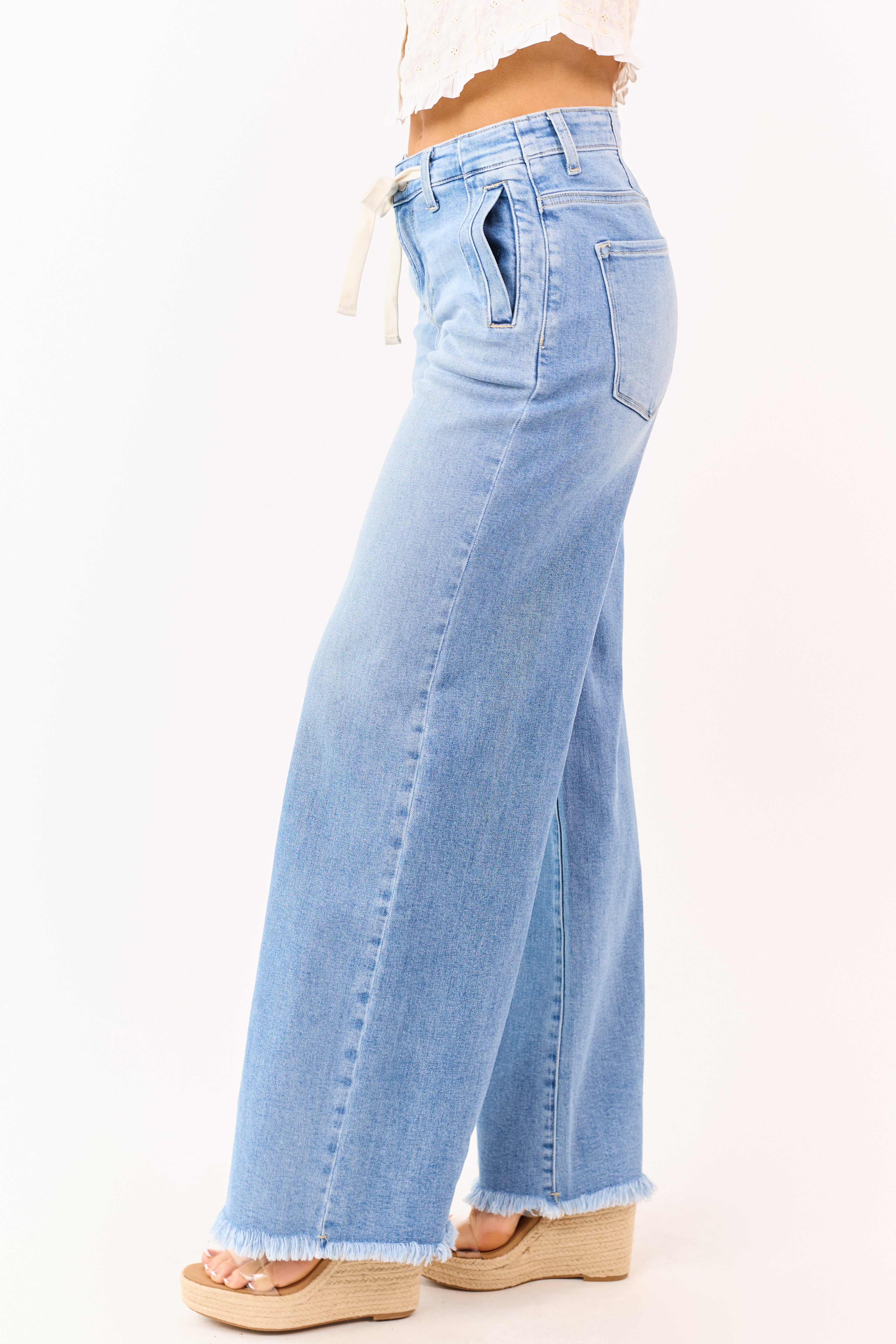 Risen Light Wash High Rise Wide Leg Drawstring Jeans