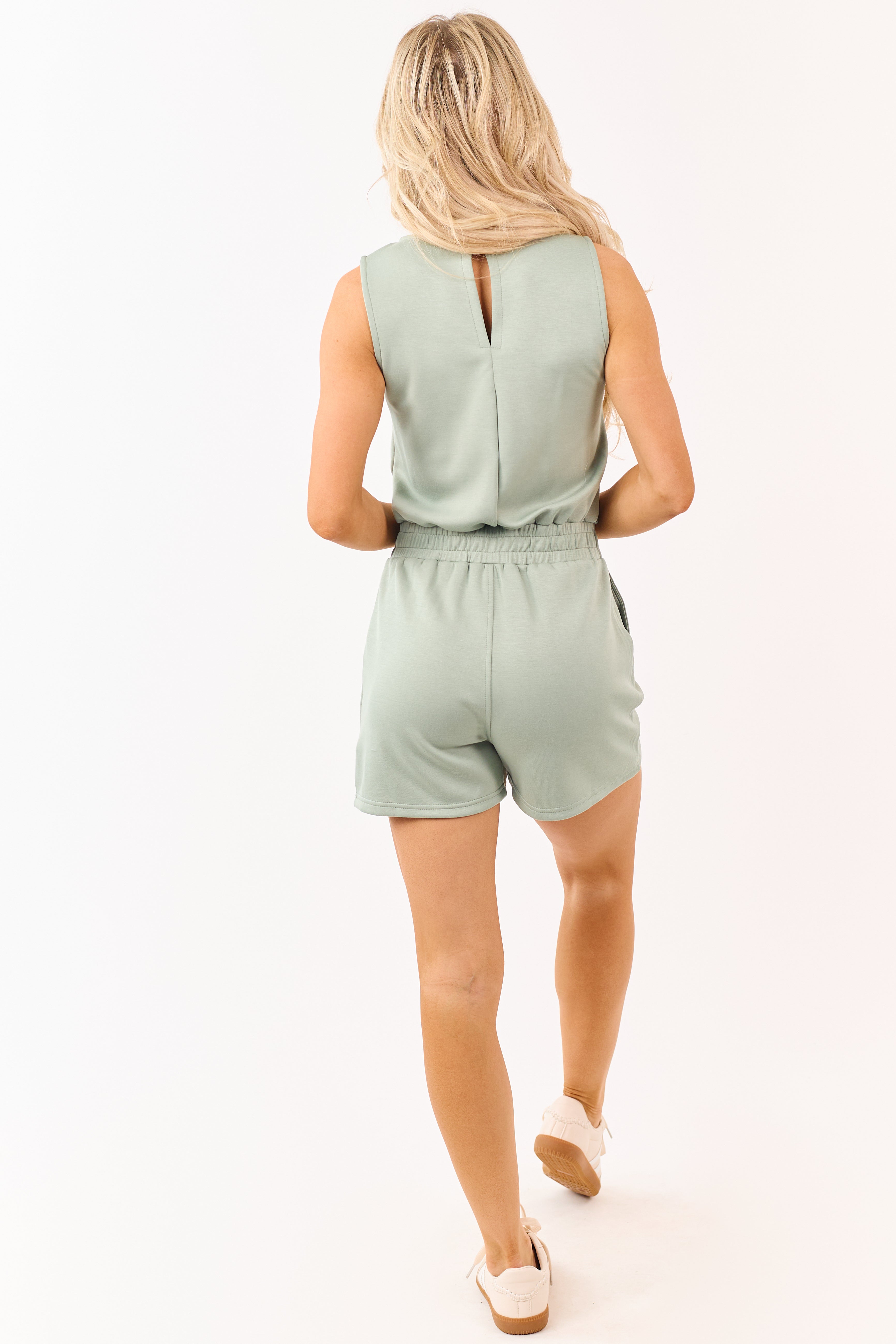 Sage Drawstring Waist Soft Sleeveless Knit Romper