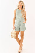 Sage Drawstring Waist Soft Sleeveless Knit Romper