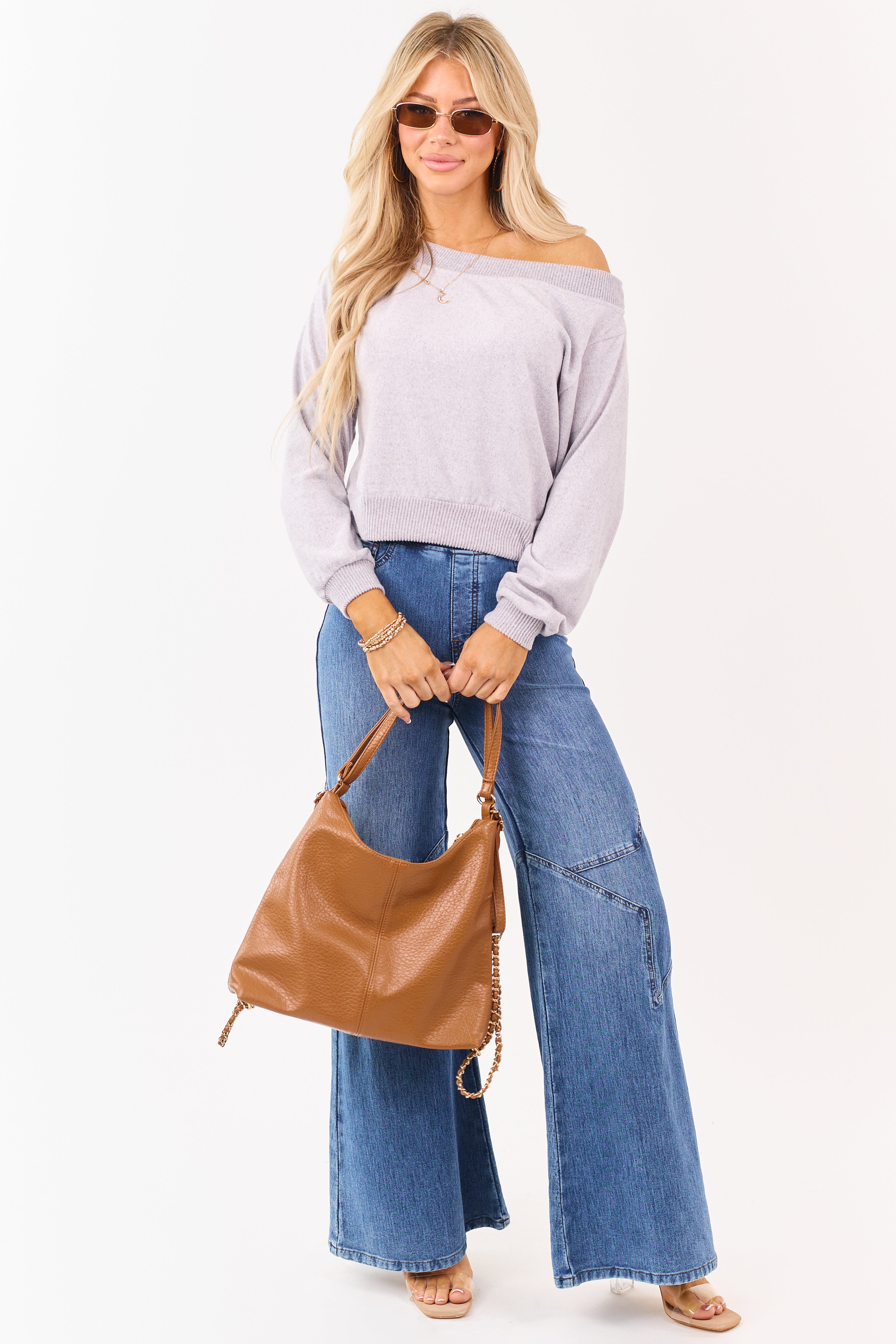 Saige Medium Wash Star Stretchy Wide Pull On Jeans